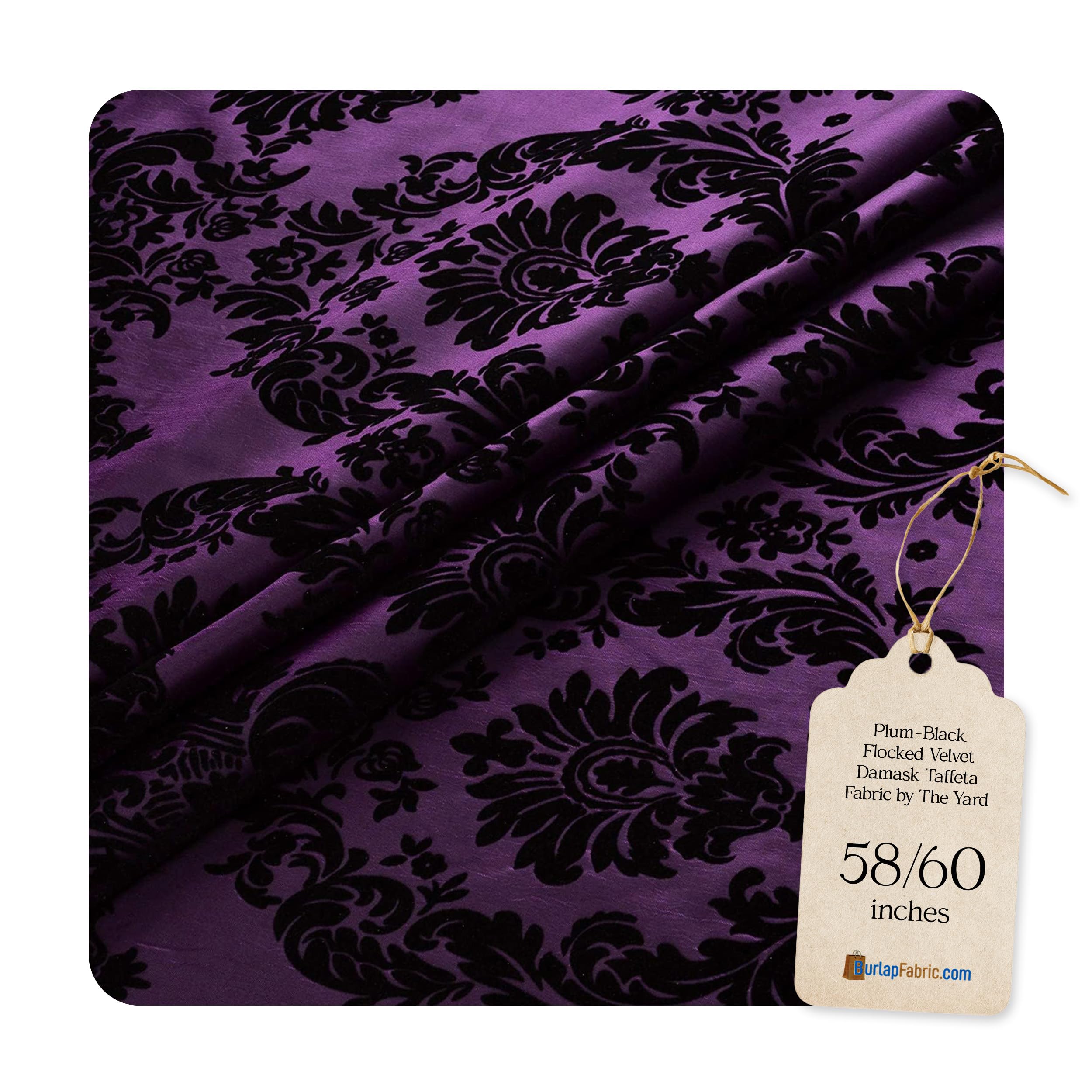 Flocked Damask Taffeta Fabric by The Yard – 60" Wide Upholstery & Craft Fabric – Elegant Damask Fabric for Dresses, Curtains, Table Runners, DIY Decor and More - Plum Black