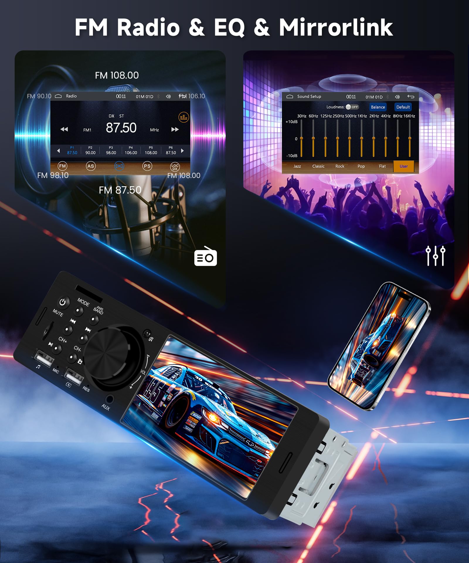 Hodozzy 1 Din Autoradio mit 4 Zoll Bildschirm mit Carplay Android Auto,Unterstützt Bluetooth 5.2, FM-Radio, Schnellladung, USB/TF/AUX Mirror link EQ SWC, Rückfahrkamera