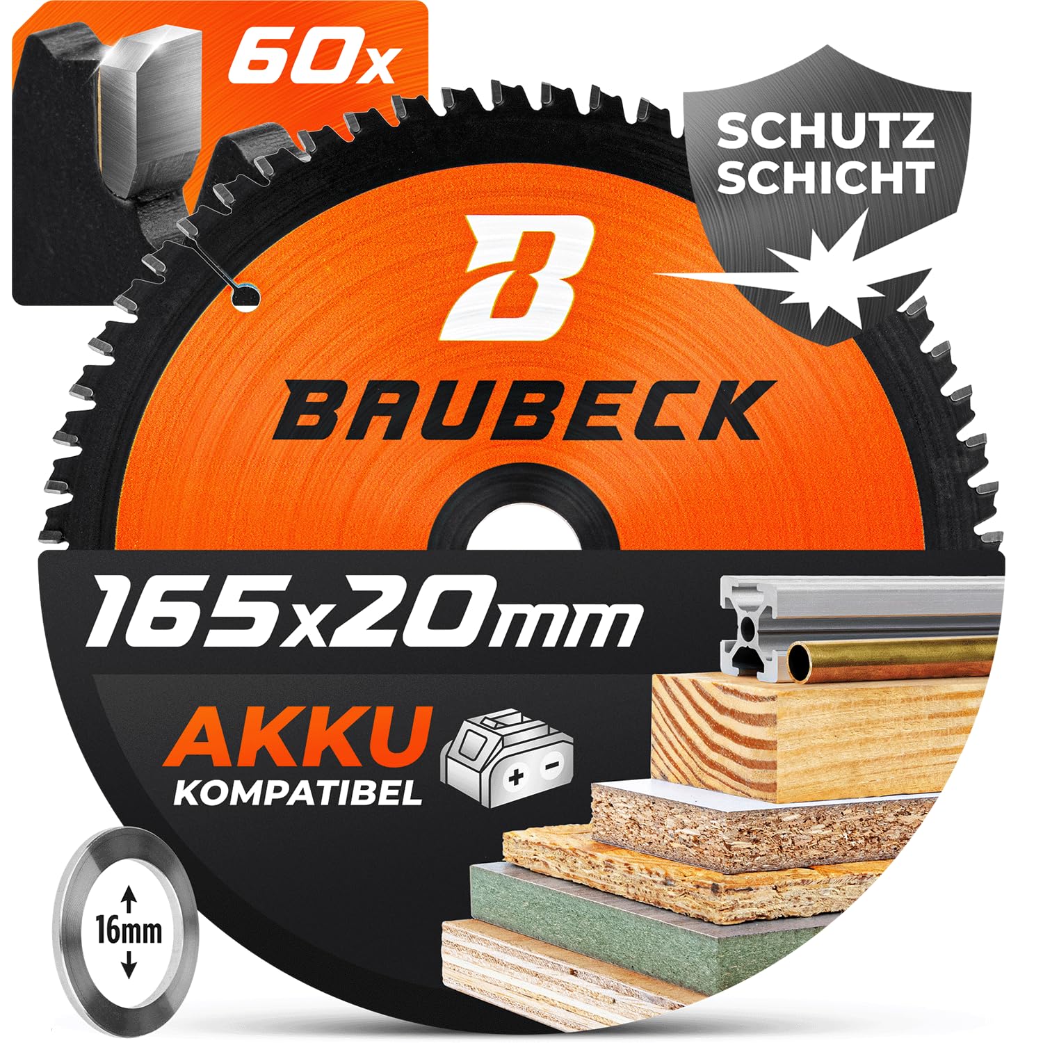 BAUBECK Akku Sägeblatt 165x20 inkl. 16mm Reduzierring - Multi Material Feinschnitt - Kreissägeblatt 165 Holz, Handkreissägeblatt 165x20 Alu, Metall uvm. - Akku Sägeblatt 165mm