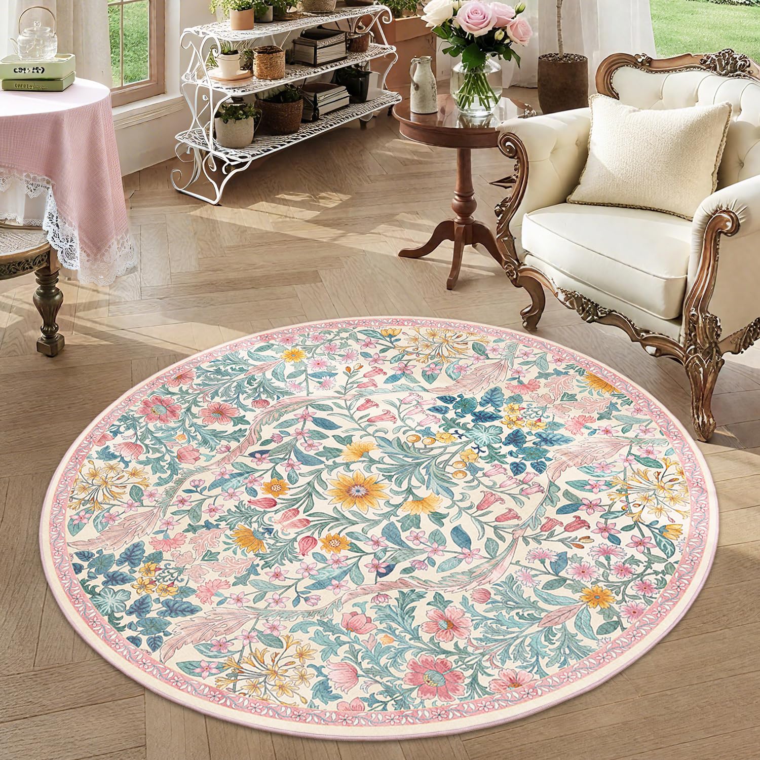 Round Rug 4ft Floral Circle Rug Pink Botanical Indoor Area Rugs