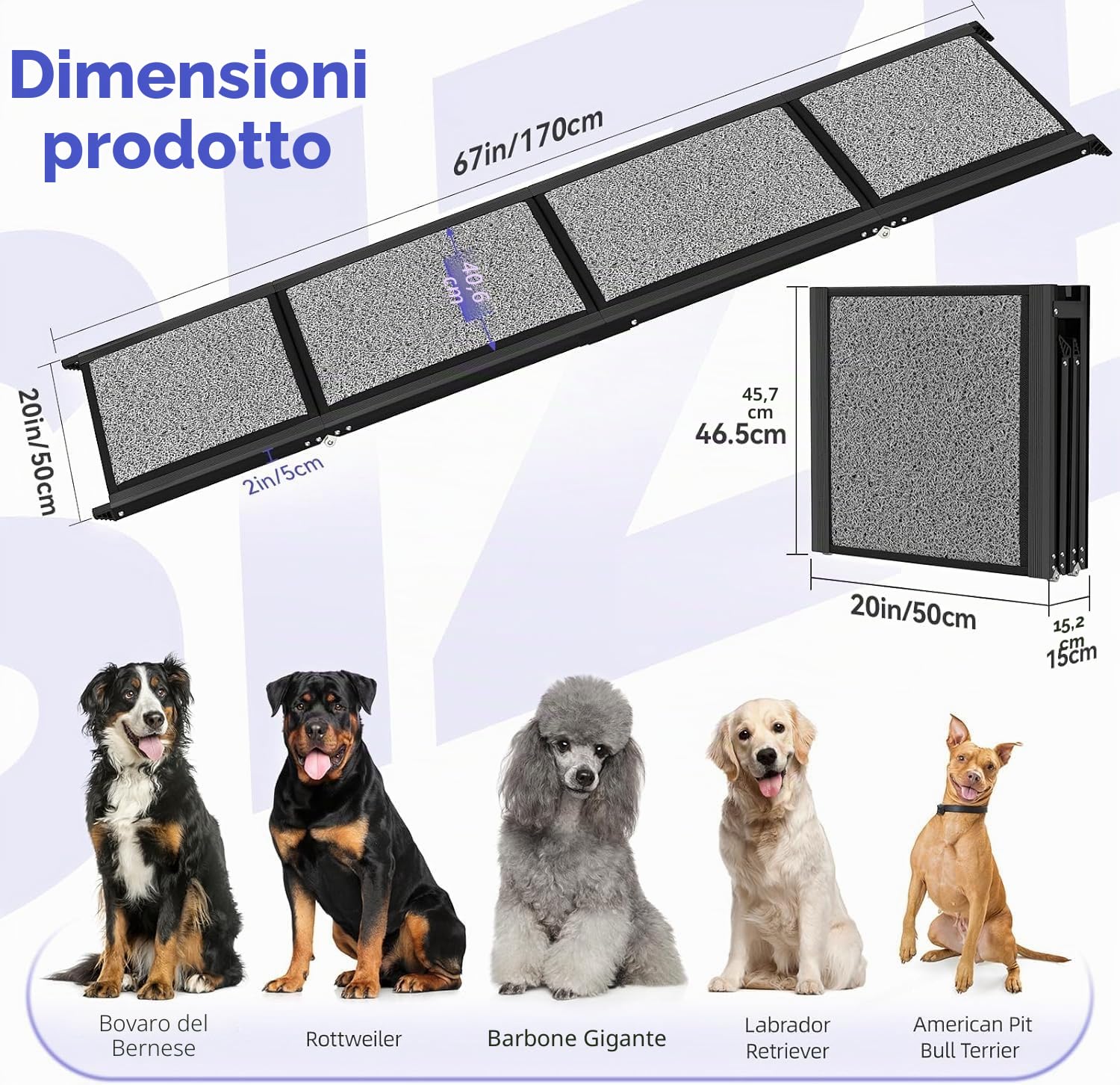 Pawaboo Rampa per auto per cani, 170 × 50 cm, rampa pieghevole per cani di taglia media e grande, rampa per cani per auto, con superficie antiscivolo, rampa per cani all'aperto fino a 113,4 kg