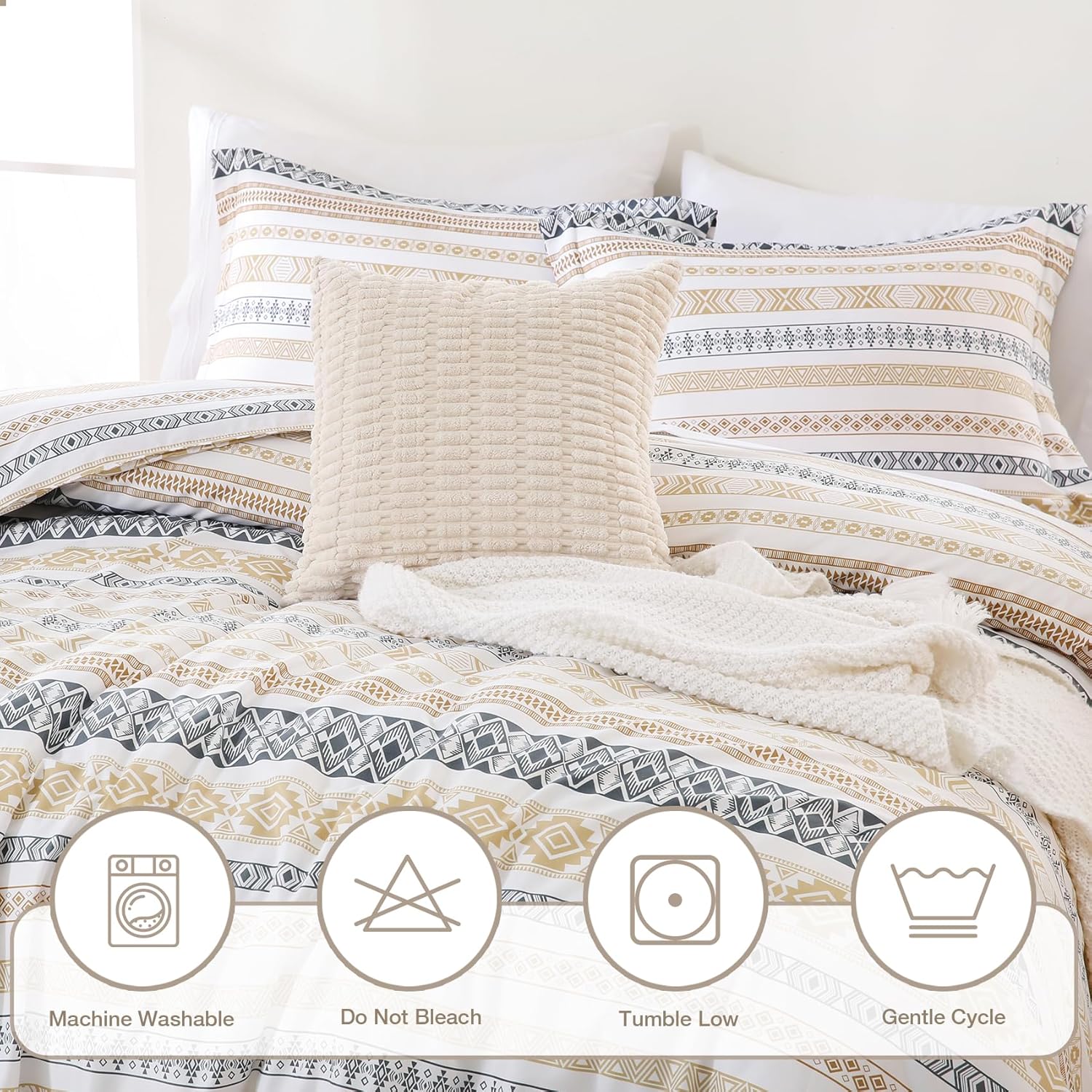 Yibeizi Queen Comforter Set, Lightweight Summer Bedding Comforter Sets, Boho Striped Patterned Soft Breathable All-Season Comforters with 2 Pillow Shams