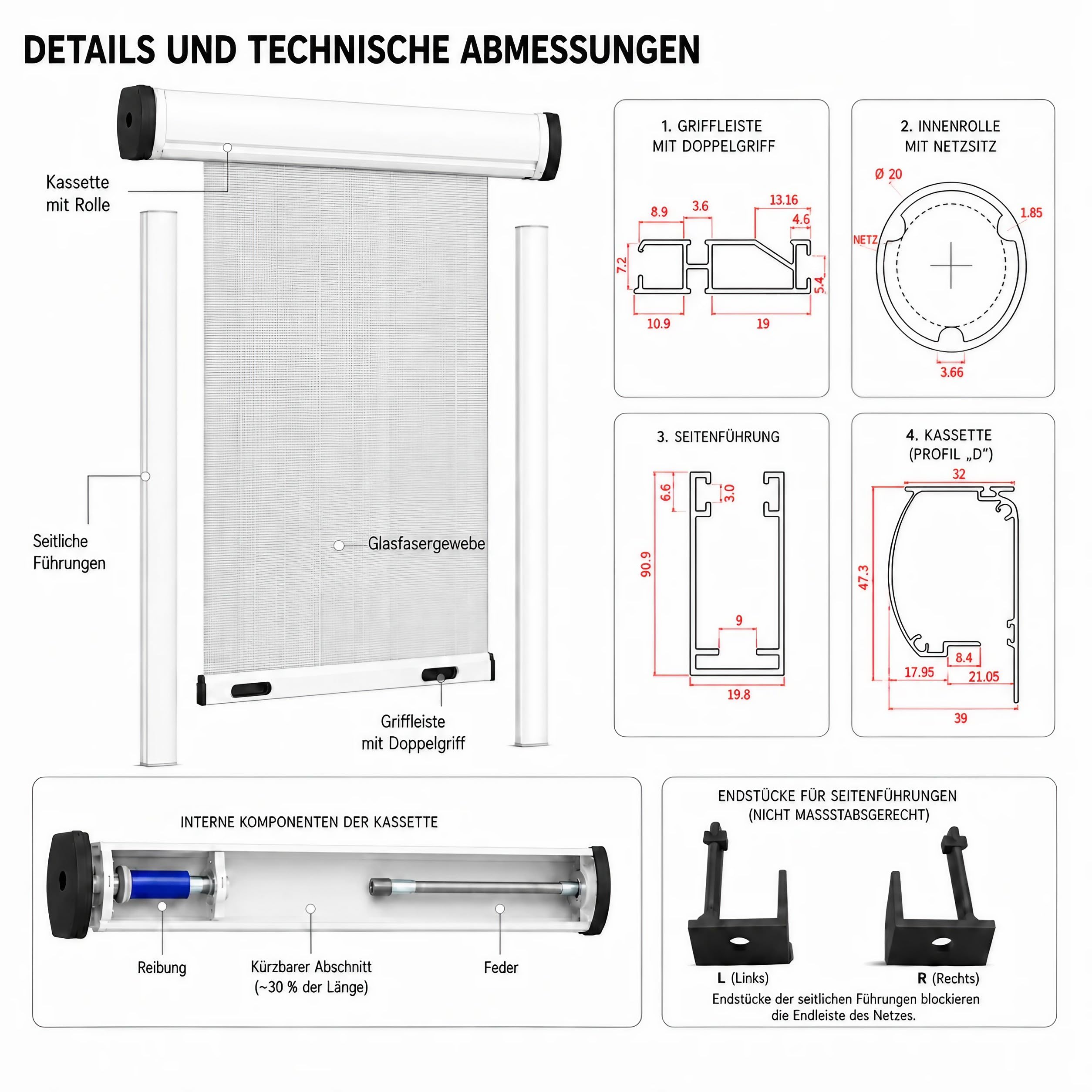 ESTO Insektenschutzrollo für Fenster, in Höhe und Breite zuschneidbar, Aluminiumrahmen, verschiedene Größen und Farben, Insektenschutznetz für Schiebe- und Flügelfenster (Weiß, 120 x 160 cm)