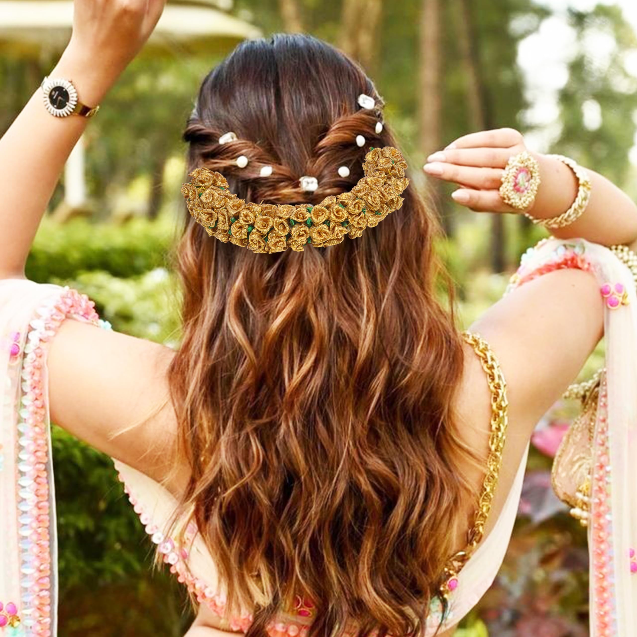 TrendyTrolley Artificial Gold Gajra for Women | Natural Looking Mogra Flower Hair Gajra for Wedding, Haldi, Mehendi & Bride to Be | Lightweight Floral Hair Accessory (1 Pc) 1