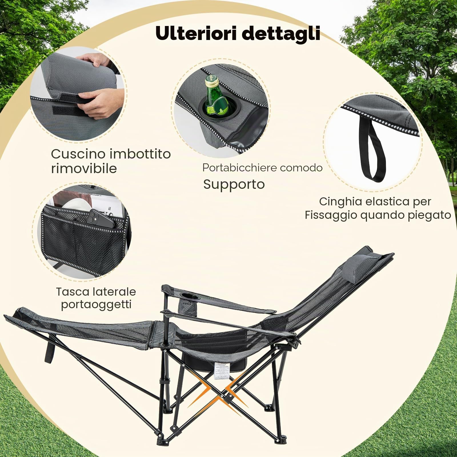 KOMFOTTEU Sedia da campeggio con schienale regolabile, sedia da pesca con portabevande e tasca laterale e borsa per il trasporto, lettino da campeggio con poggiapiedi rimovibile, sedia pieghevole per