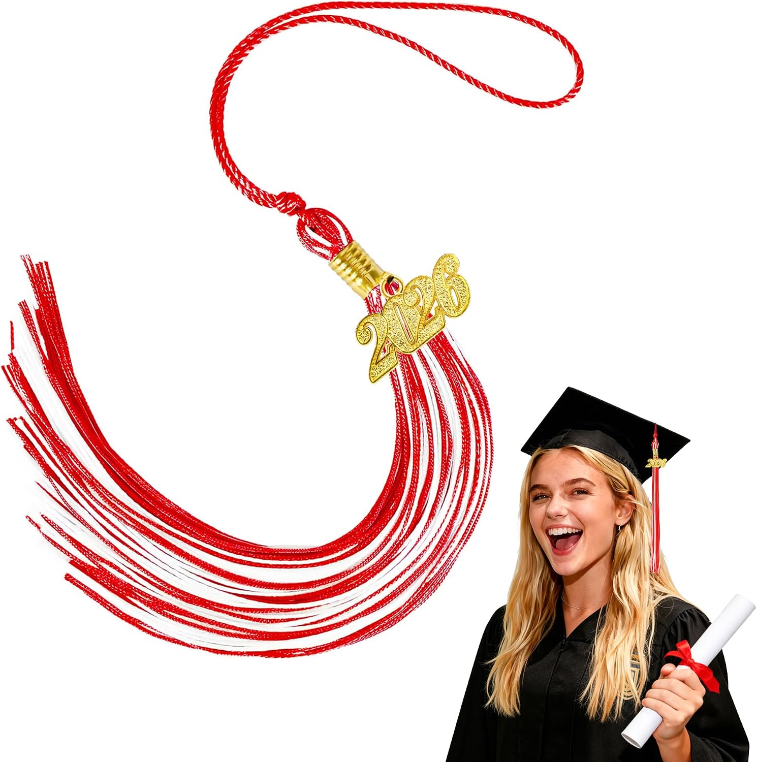 2026 Red & White Tassel Graduation - Graduation Tassel with 2026 Gold Year Charms for Grad Cap Decorations - Tassels for College, Primary & High School Graduate Hat Ceremonies Accessories