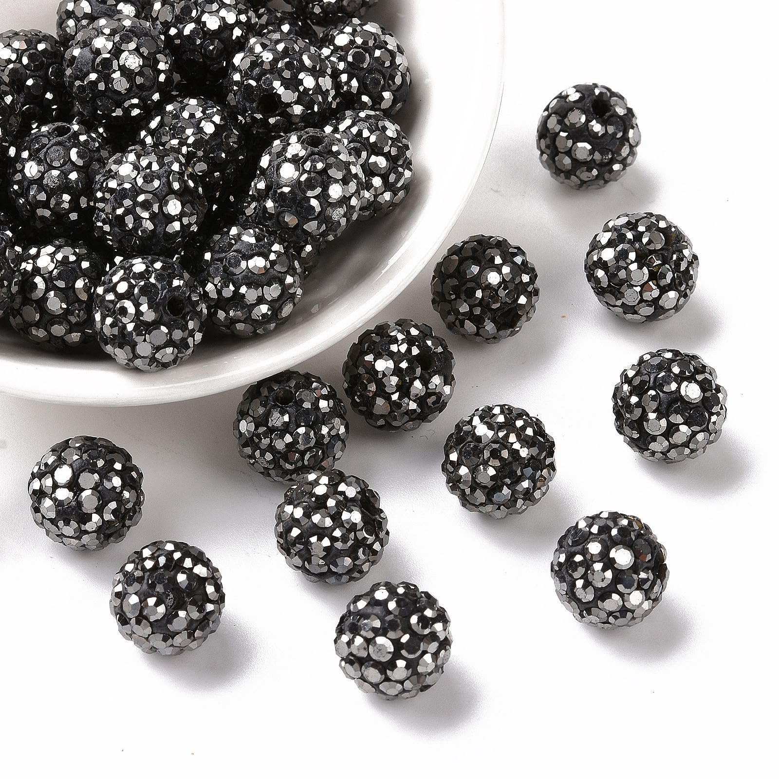 Beadthoven 100pcs 10mm Crystal Rhinestone Beads - Jet Hematite Disco Ball, Polymer Clay, Diamond Clay Beads for Jewelry Making