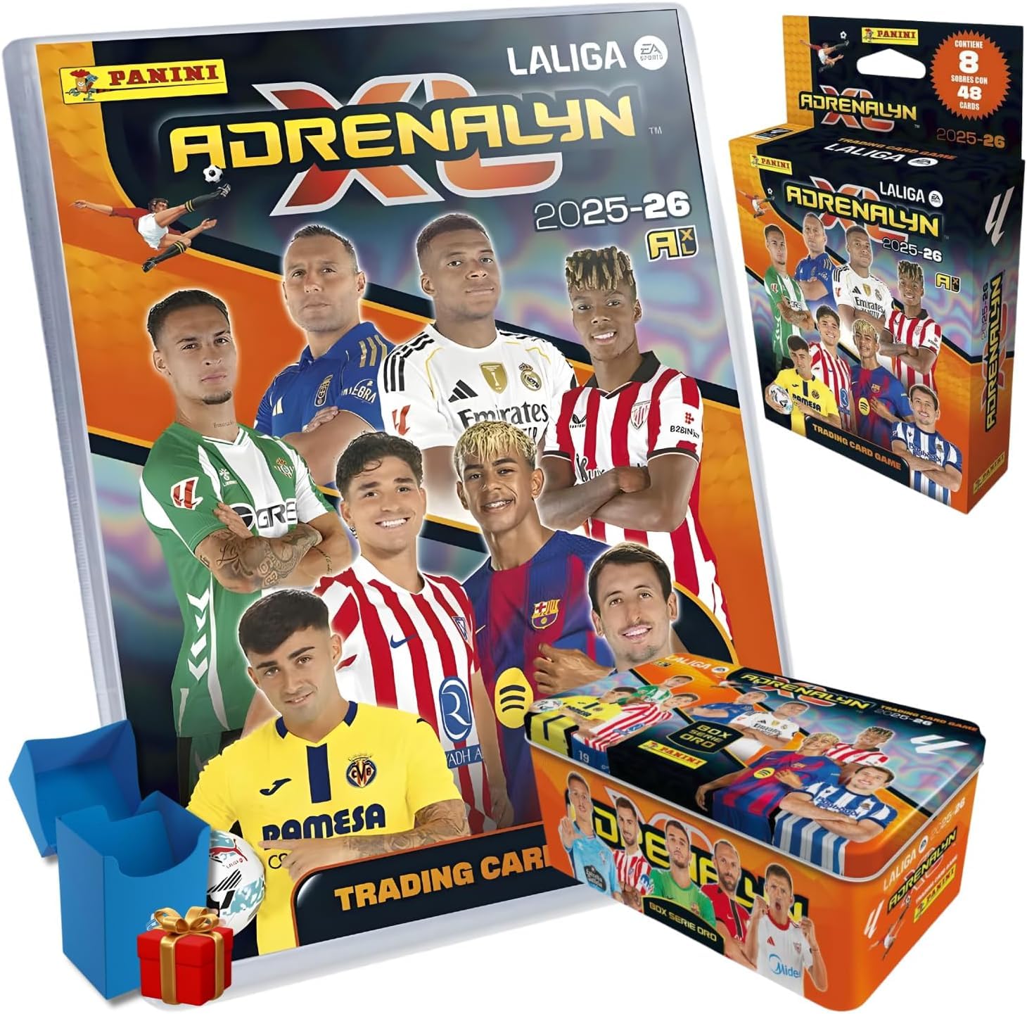 PANINI ADRENALYN XL 25/26 Pack Serie Oro con Deck Box de Regalo, Cartas Coleccionables Fútbol, Incluye Megapack, Box Serie Oro y 8 Sobres