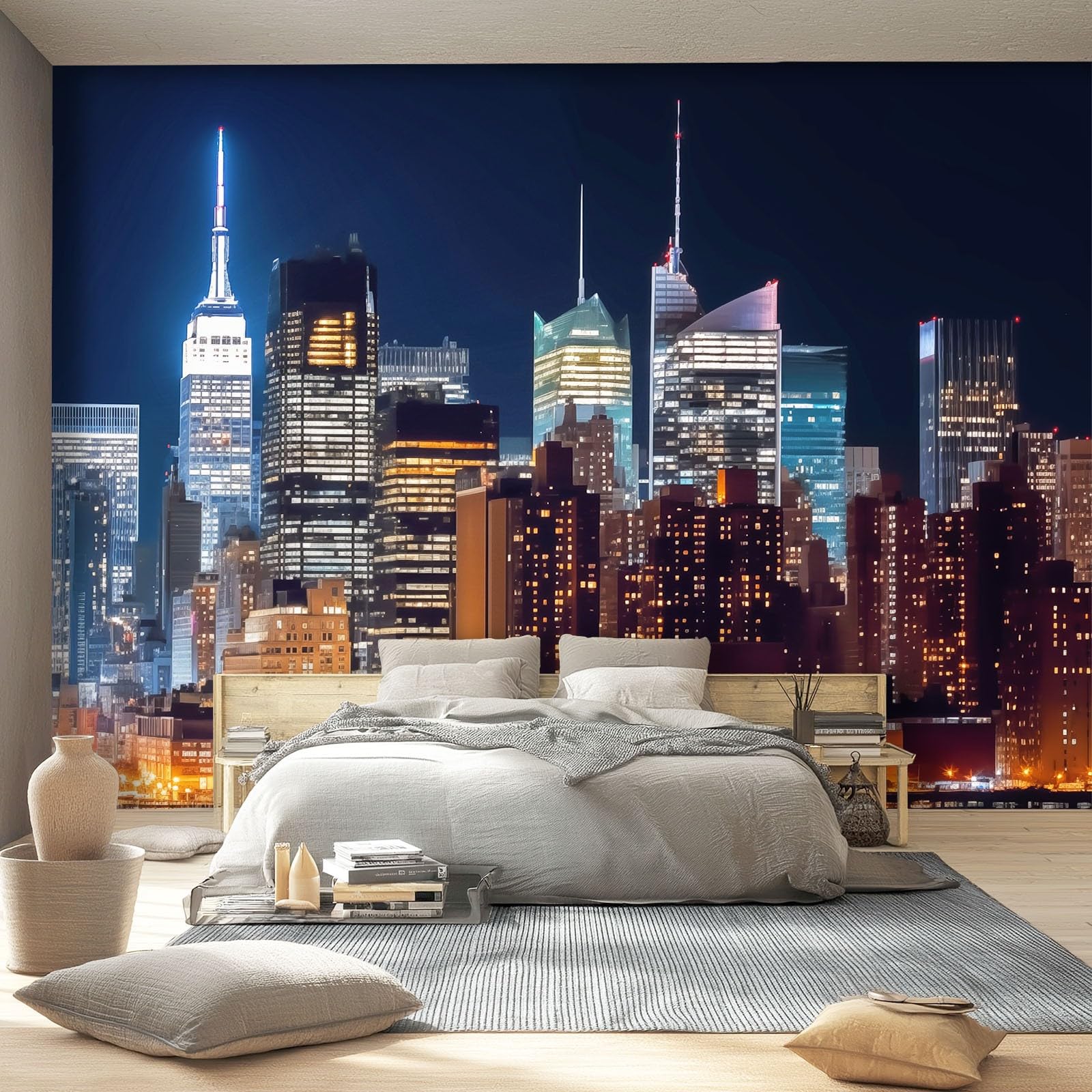 Panoramiczna tapeta, nowoczesna miasto noc architektura ścienna sztuka ścienna - czarna tapeta do salonu biura TV tło dekoracja 300 x 210 cm
