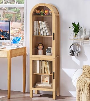 Lxsxlome Arched Bookcase, 64.17 Tall Arch Bookshelf with Acrylic Glass Doors, 5 Shelf Bookcase, Freestanding Storage Organizer Display Cabinet for Living Room Wood Color, 64.17H