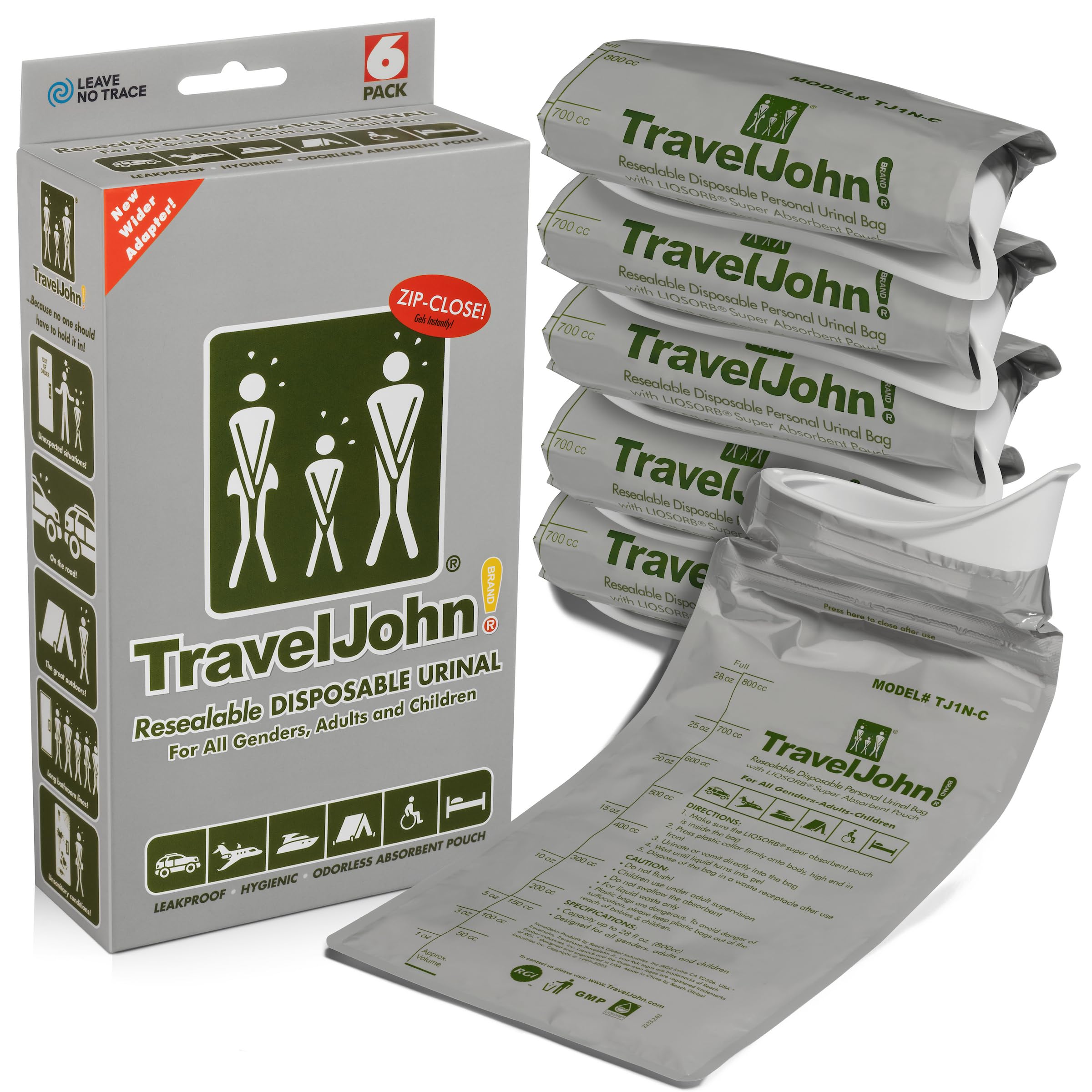Travel John Resealable Disposable Urinal for All Genders, Adults, & Children (TJ1N-C) - 6 Pack