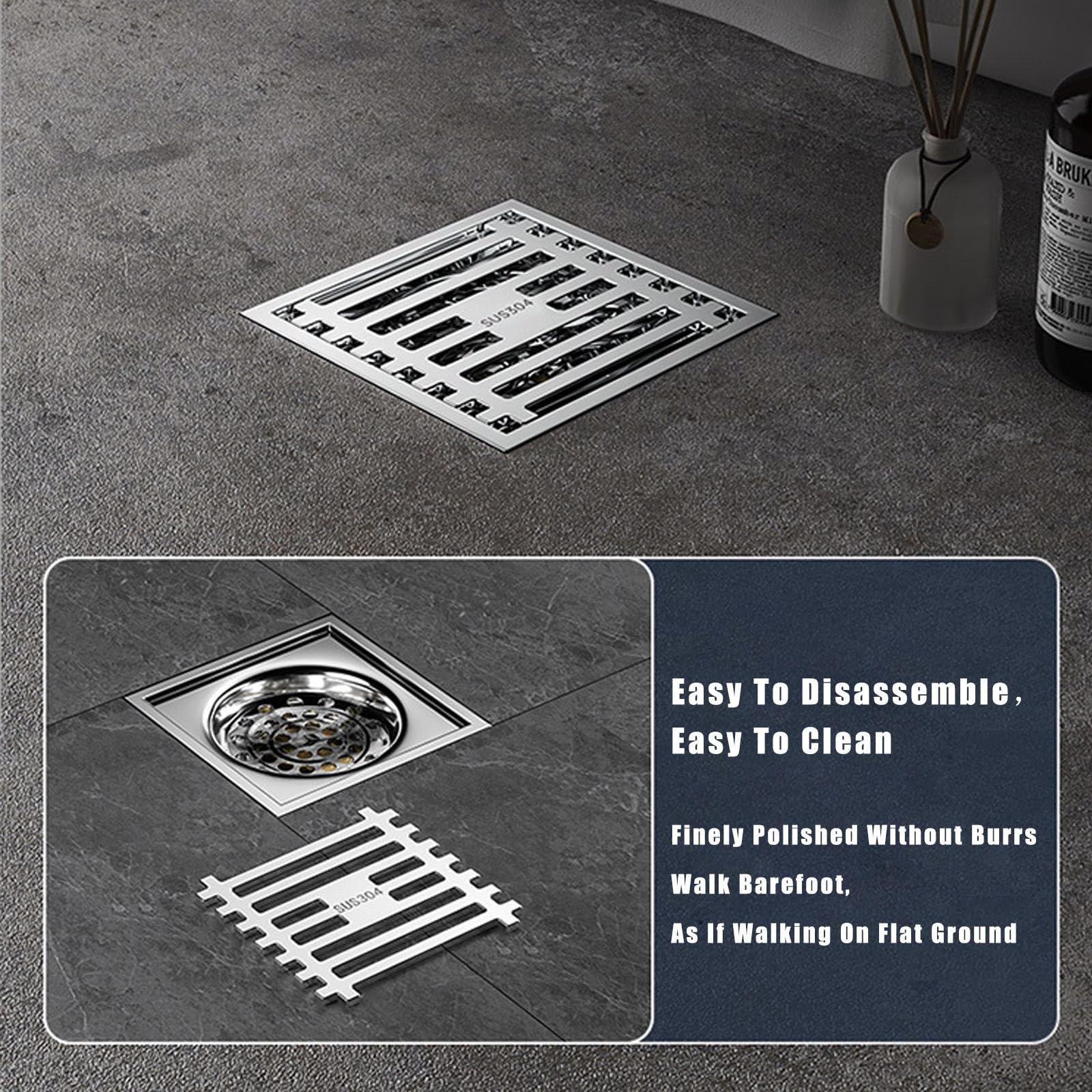Drenaje De Piso Cromo, Desagüe del Piso con Rejilla Y Filtrar, Anti-Olor Piso Desagüe Rejilla Residuos Filtro para Pelos, para Baño, Inodoro, Lavandería, Etc. Acero Inoxidable, 10 * 10 Cm
