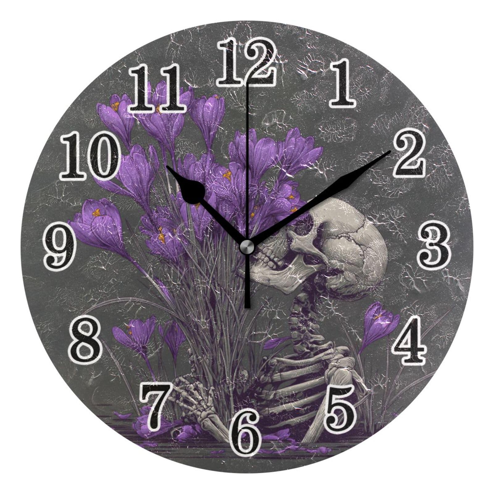 Pendule Murale Silencieuse Crâne De Fleur Grise pour Sommeil Paisible