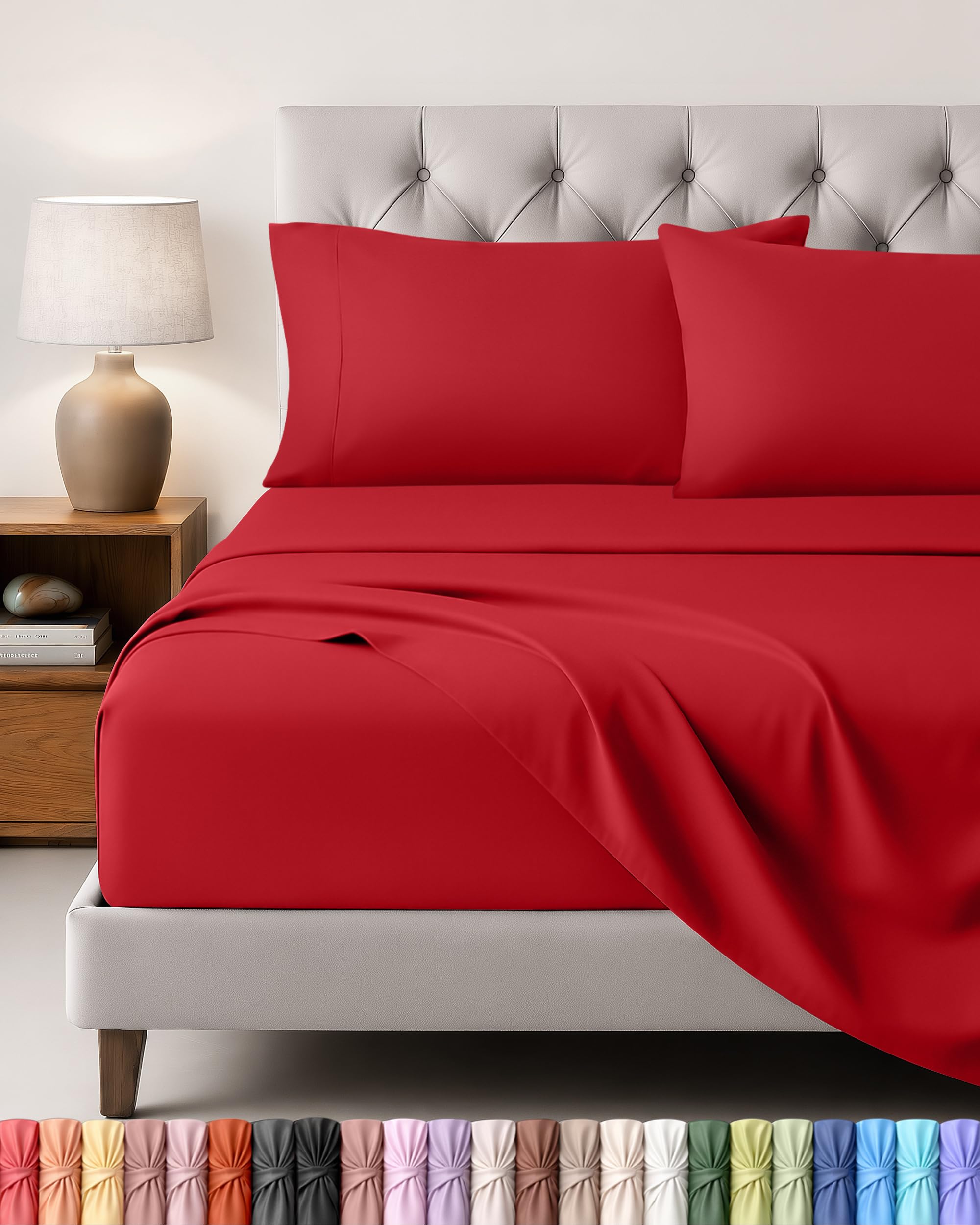 Utopia Bedding Set Lenzuola Letto 4 Pezzi, 135x190cm, Rosso | Lenzuolo con Angoli, Lenzuolo Piatto e 2 Federe 50x75 - Una Piazza e Mezza - Oeko-Tex Certificato - Poliestre di Microfibra
