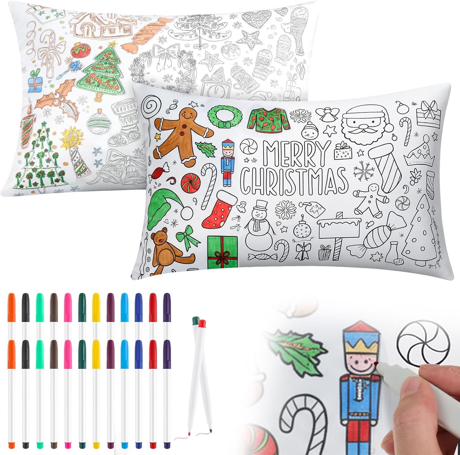 SmoothNovelty 2 Pcs Christmas Coloring Pillow Case for Kids Christmas Colorable Craft Pillowcase Pillow Covers with 24 Washable Markers 27.6 x 19.7 Inch Reusable DIY Pillowcase Holiday Party Supplies