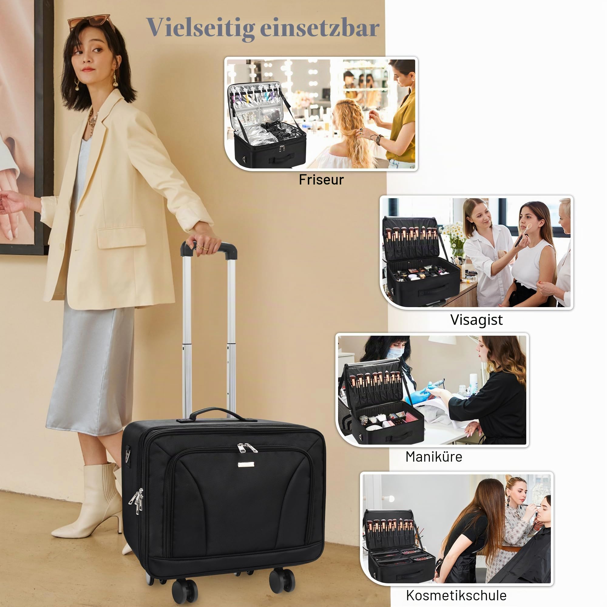 17.7" Extra Große Kosmetikkoffer Trolley - Professionelle Schminkkoffer Reise Beauty Case Tragbare Kosmetiktasche Organizer Damen Make Up Box Friseurkoffer