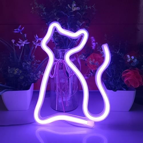 Vista 9 de JYWJ Letrero de neón de gato, luz de neón con pilas USB o 3 AA, decoración de mesa LED, decoración de pared de dormitorio, regalo de cumpleaños