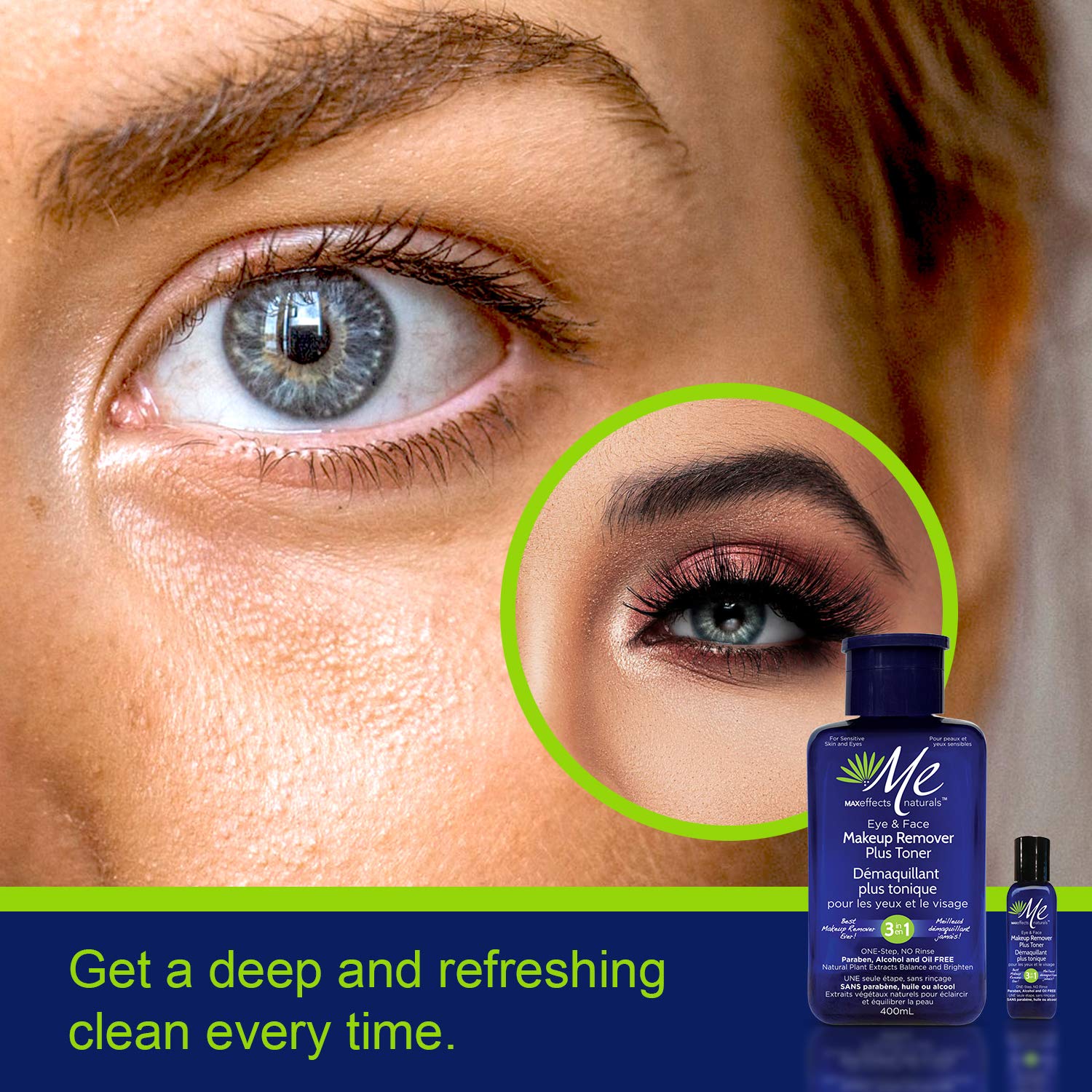 MAXEffects 3 in 1 Cleanser & Toning Liquid Micellar Cleansing Water - Face and Eye Makeup Remover Oil Free with Face Toner, All Natural, Oil and Alcohol Free, 2.2+13.5 fl oz Bundle