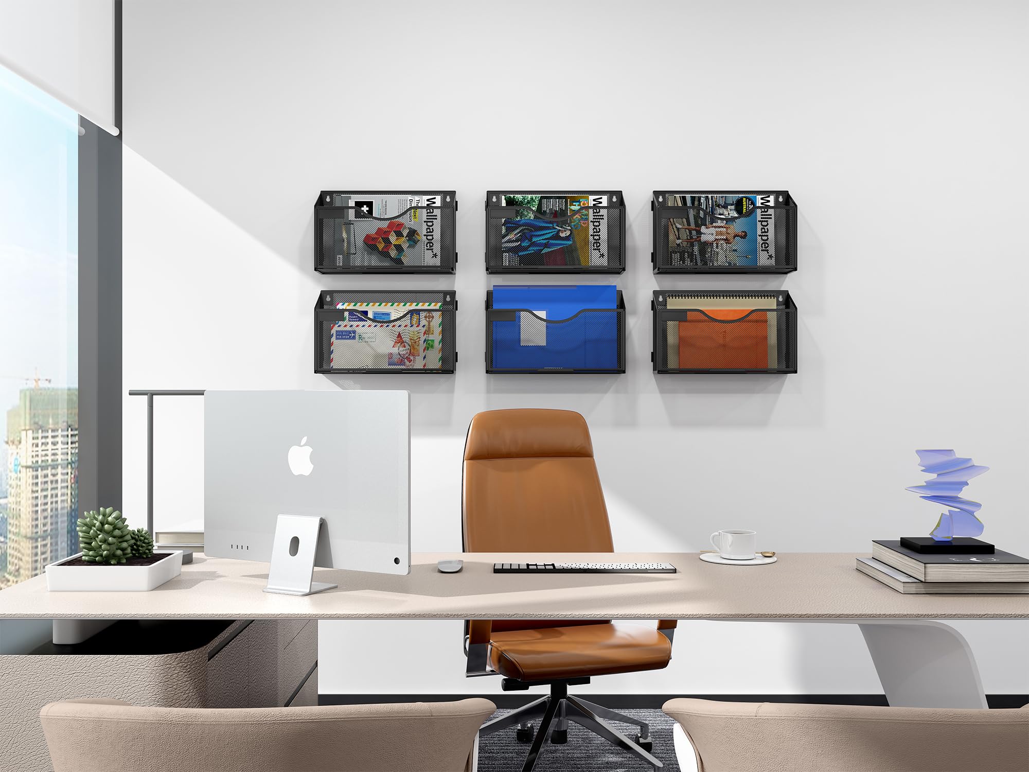 EasyPAG Organiseur mural suspendu en maille à 3 poches format A4 paysage à assembler, support de fichiers, organiseur de courrier, rangement pour magazines et documents, lot de 3, noir