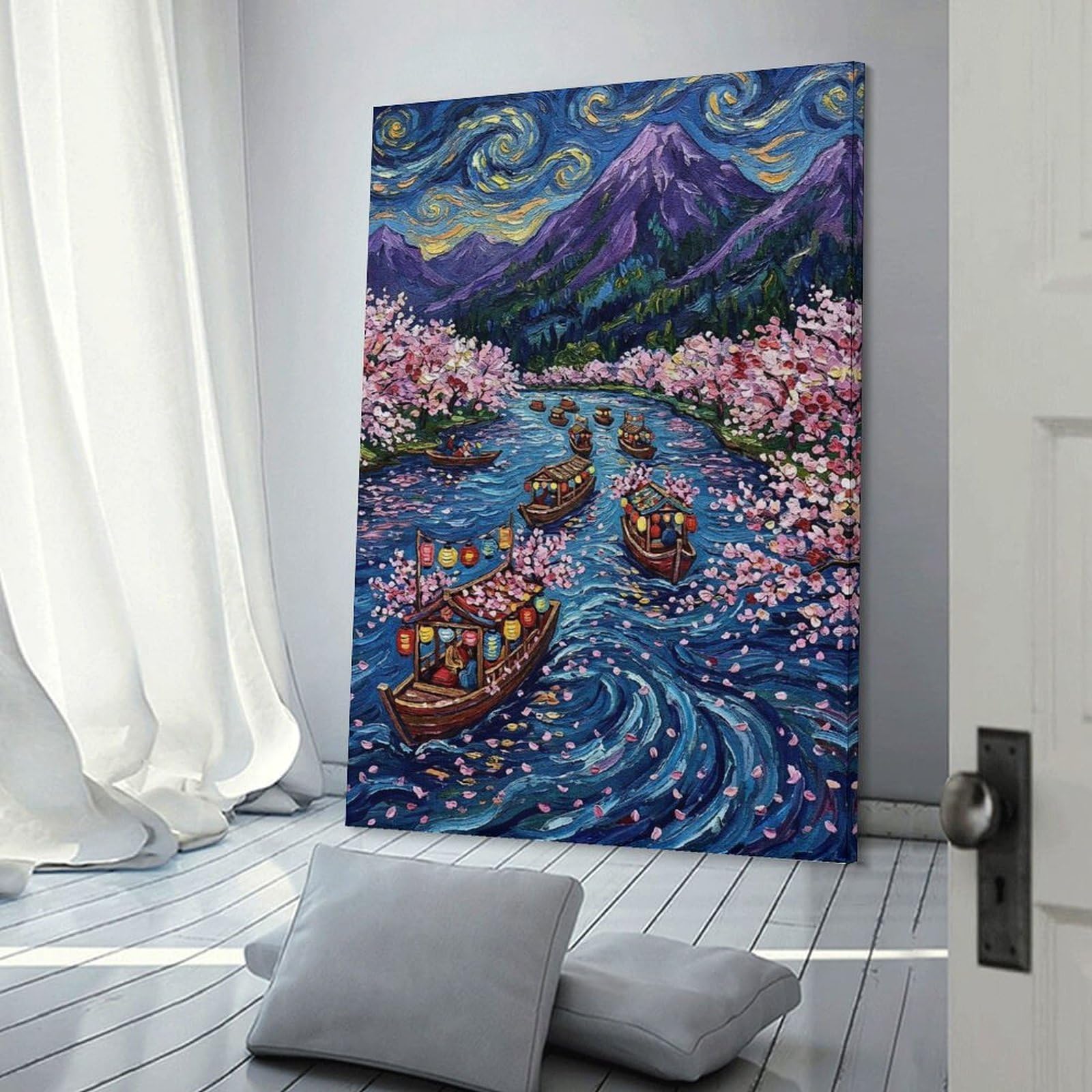 Junmoney Cherry Blossom River Boats Painting Home Decor Wall Art 12x18inch(30x45cm), for Restful Interiors, Bedrooms Or Small Rooms, Decorative Wall Art for Cosy Rooms