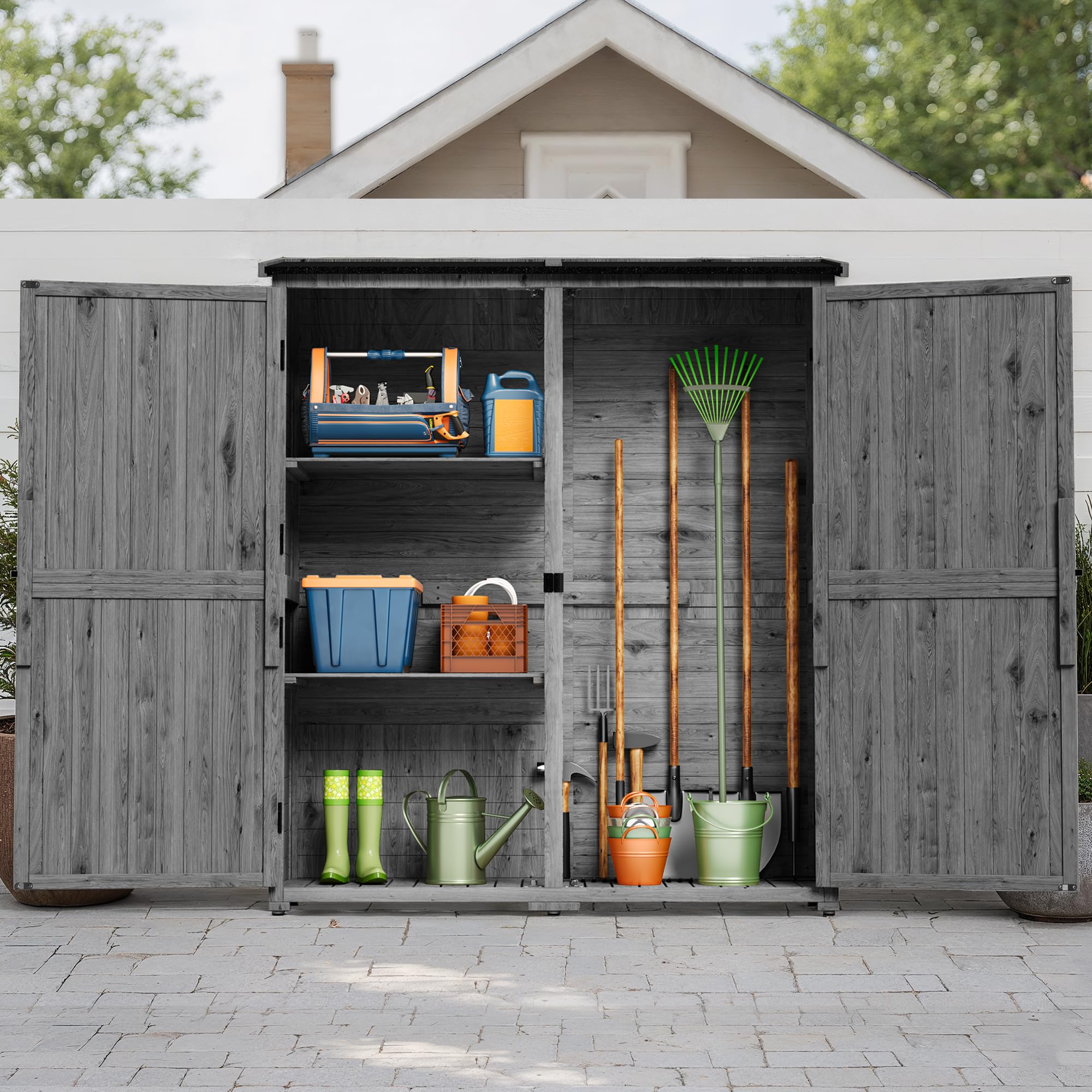 Casetta da Giardino Porta Attrezzi, Porta Attrezzi da Esterno,con 2 Porte,con ripiani regolabili e piano inclinato,140 x 50 x 162CM,Grigio
