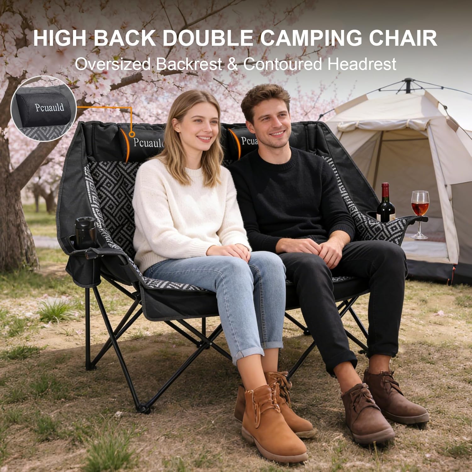 High Back Double Camping Chair Padded Folding Loveseat with Adjustable Pillows Heavy Duty 2 Person Camping Lawn Chairs for Adults with Cup Holders & Wine Racks for Outdoor Sports Beach Fishing