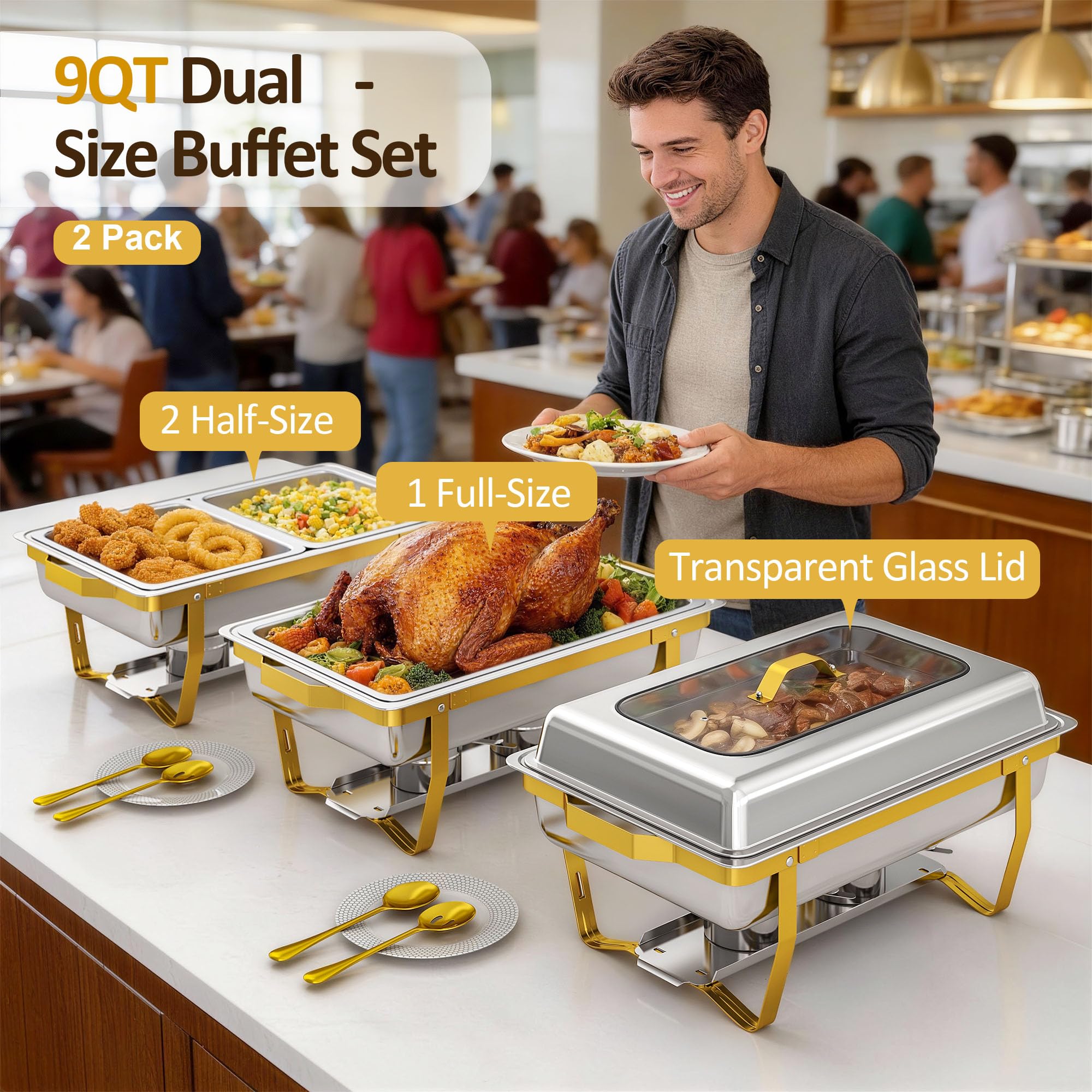 Set da 2 Vasi Riscaldanti Dorati con Finestra Trasparente, 8,5L Rettangolari per Buffet con Supporto Pieghevole, Scaldavivande in Acciaio Inossidabile per Feste ed Eventi di Catering