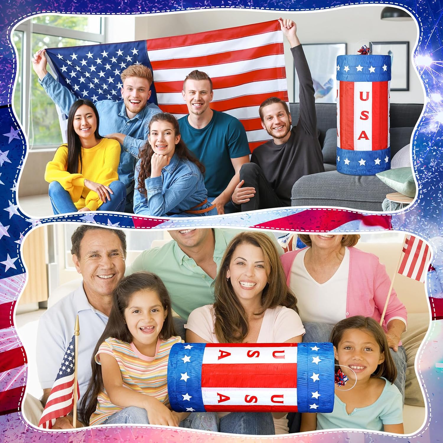 17'' 4th of July USA Patriotic Firecracker Pinata American Flag Red White and Blue Pinatas with Stick Blindfold and Confetti for Adults Fourth of July Veterans Independence Day Party Decor
