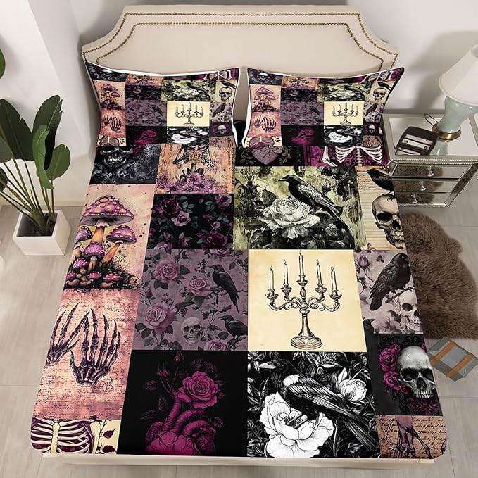 Gothic Crow Fitted Sheet Full Size,Sugar Skull Bedding Set for Kids Girls Boys Teens Room Decor,Purple Rose Flower Mushroom Bed Sheet Vintage Black Patchwork Plaid Deep Pocket Sheet 3Pcs