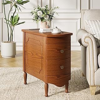 End Table with Charging Station, Narrow Side Table with 2 Drawer, Wood Sofa Side Table with Solid Wood Feet for Living Room, Vintage Slim Nightstand Bedside Table for Bedroom, Easy Assembly
