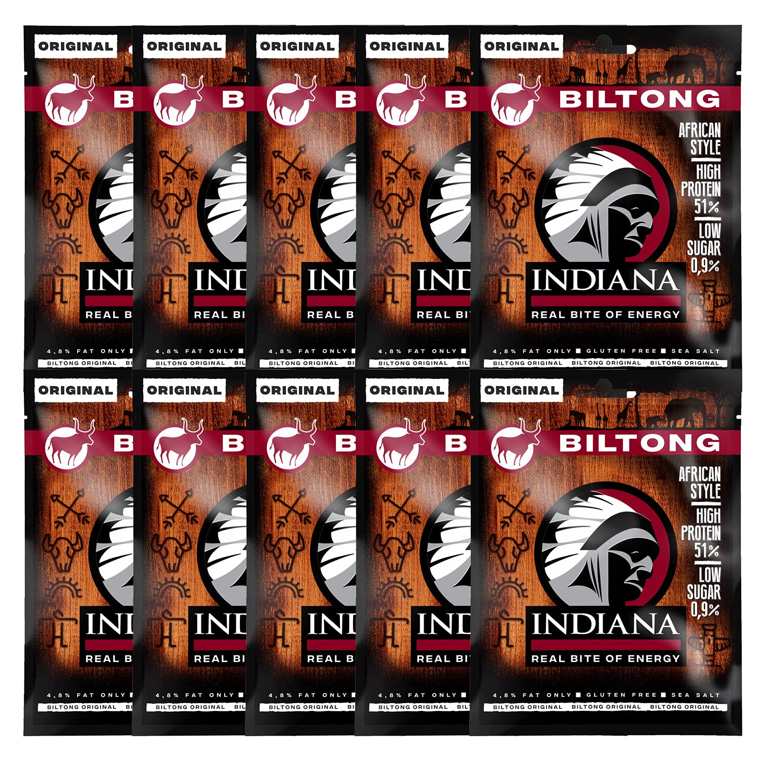 Indiana Biltong Original, Jerky Beef, High Protein, ohne Zuckerzusatz, Glutenfrei (10x25g)