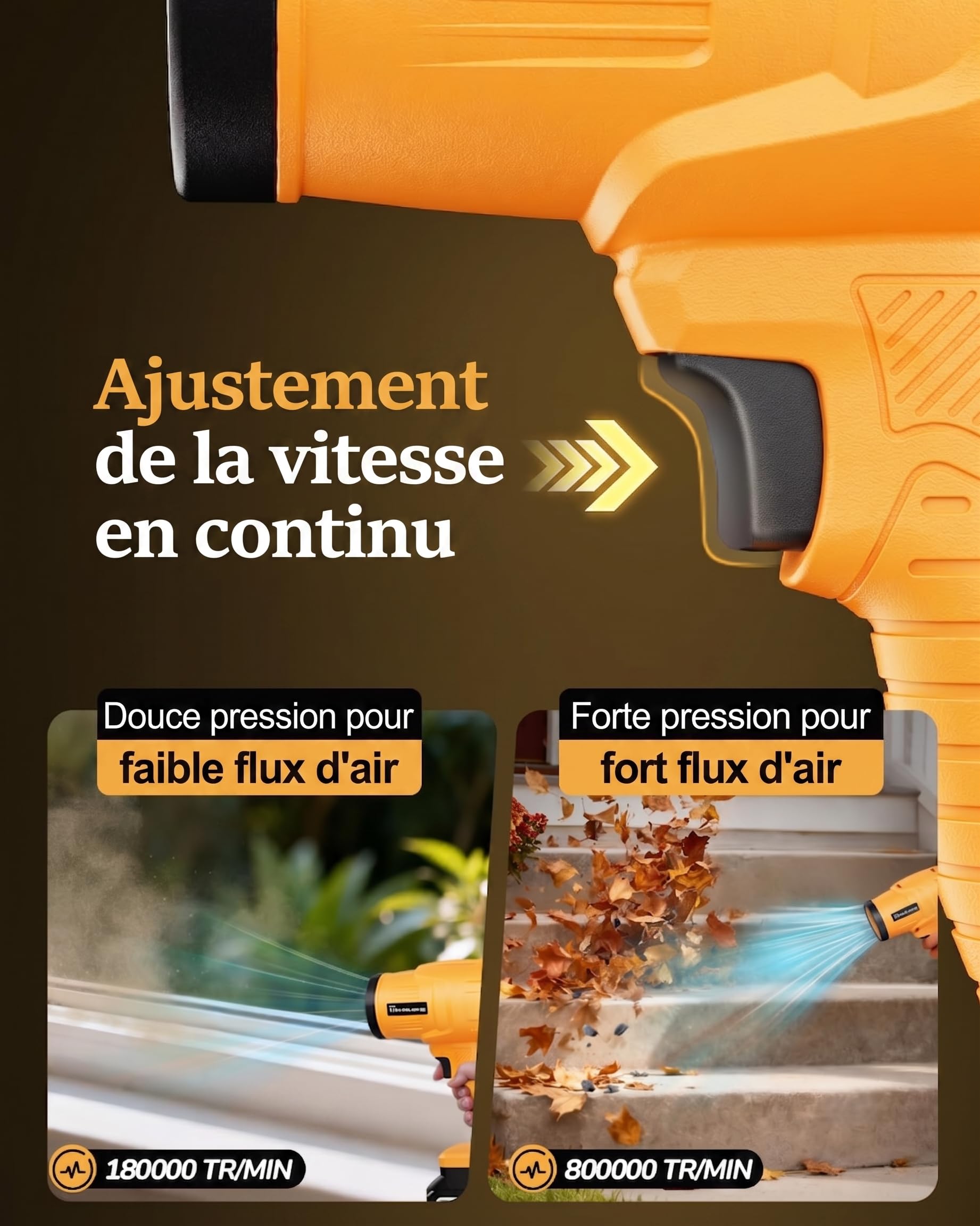 Soffiatore a Batteria 21V, 2x Batterie 4,0 Ah, 765 m³/h | 800,000 RPM Motore Brushless, 234 KM/h (65 m/s), 2 Ugelli, Velocità Variabile in Continuo per Giardino, Terrazza