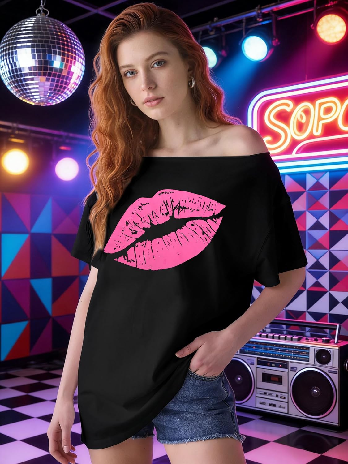 Oversized 80s Shirts for Women Neon Off Shoulder Disco Tops 80s 90s Theme Party Outfit - Image 2