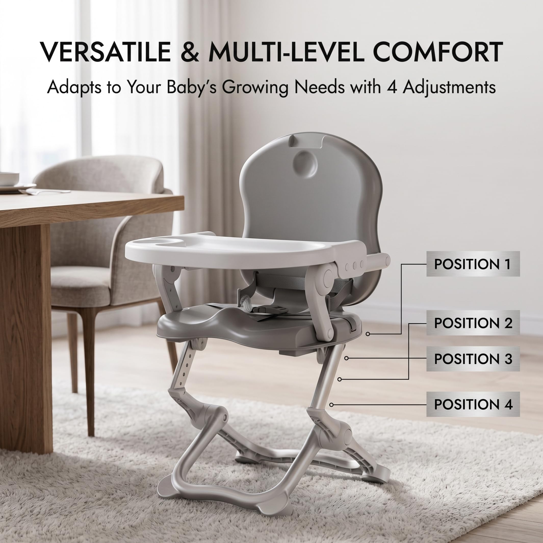 Chaise haute portable pliable rehausseur gris | Pliable pour les voyages, deux plateaux en plastique, adapté aux tout-petits, idéal pour une utilisation en extérieur