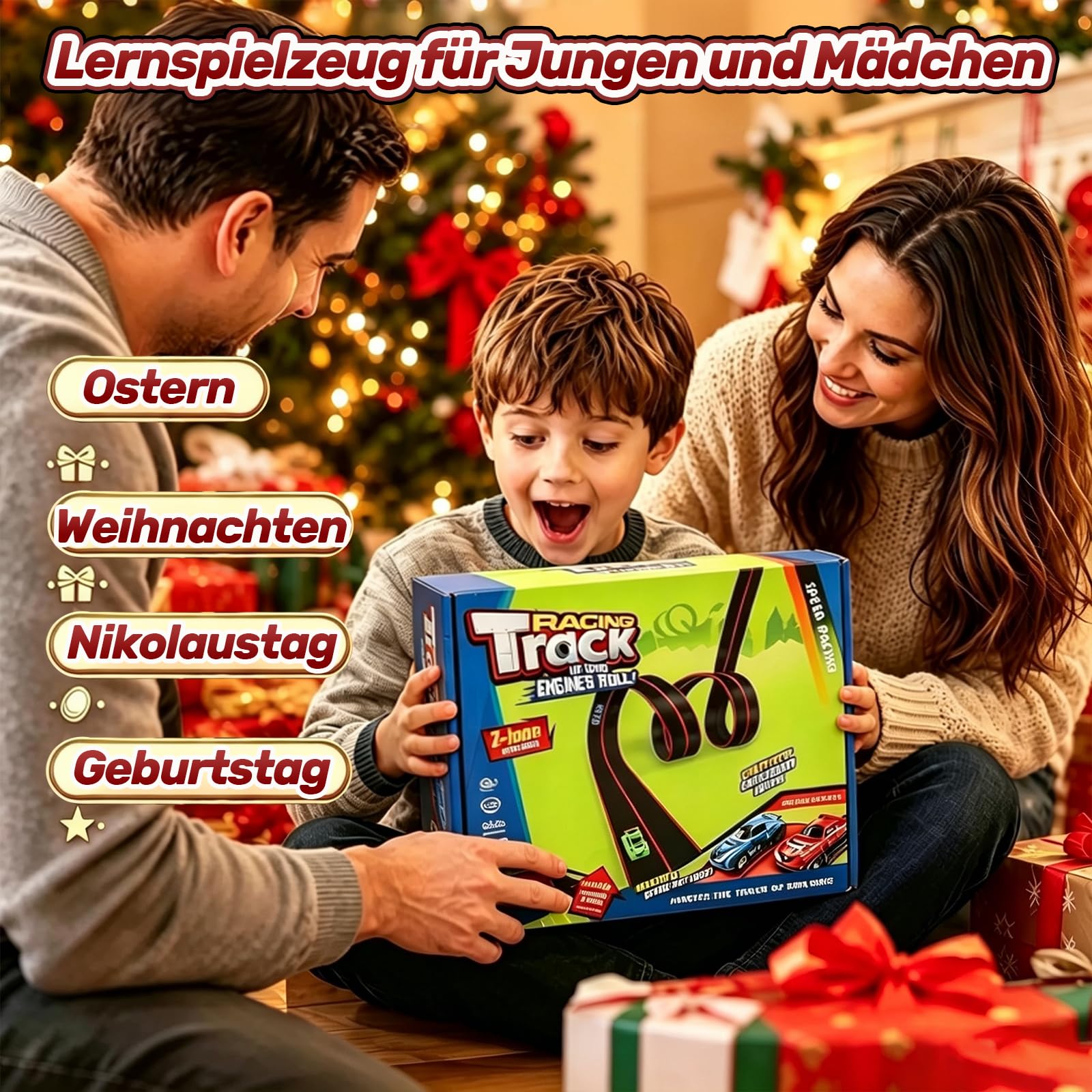 Pista da corsa flessibile per bambini, pista da corsa da 4,5 m, include 4 auto, doppia pista portatile per auto 1:64, regalo giocattolo per bambini dai 3 anni in su, regalo per interni ed esterni