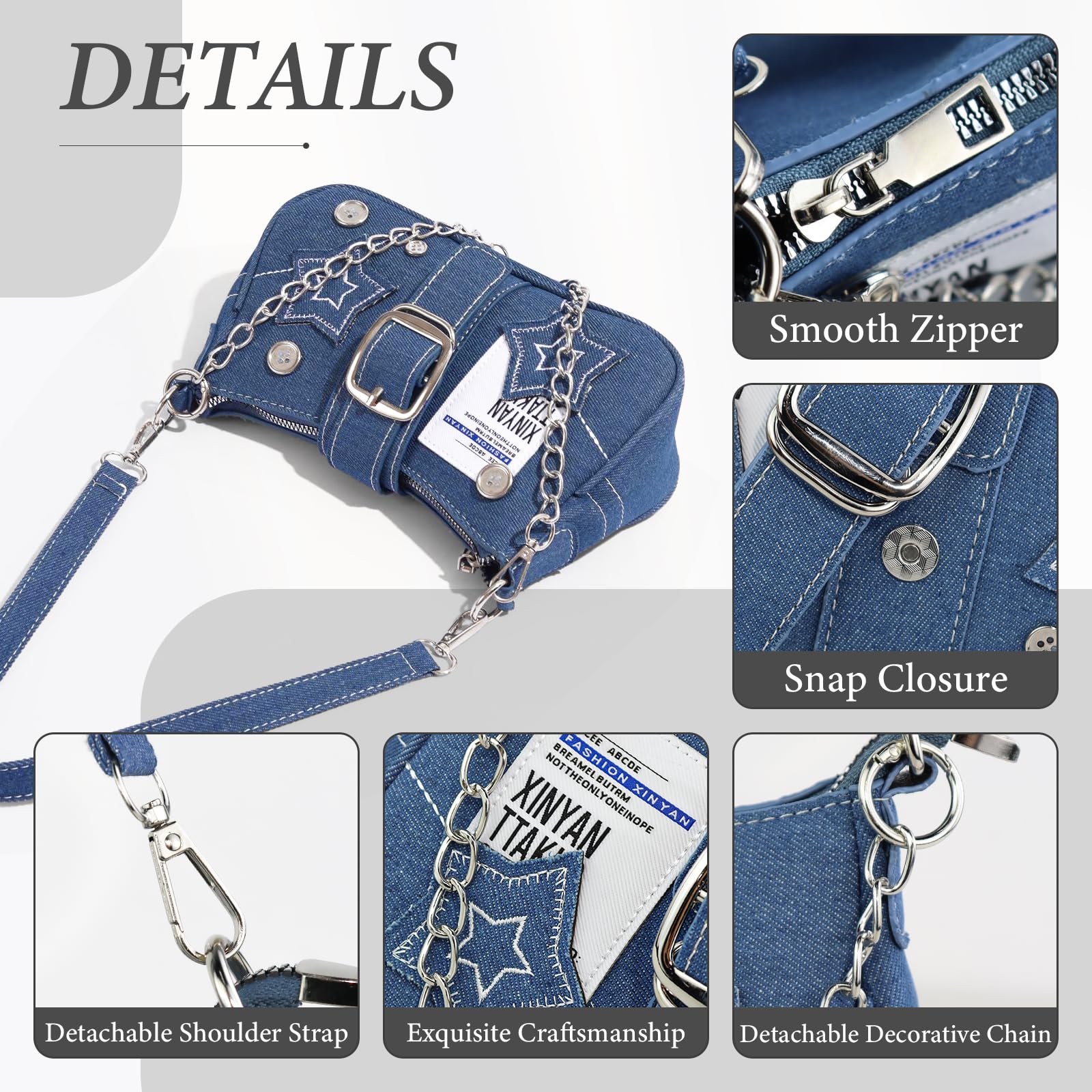 AfitLulu Klein Umhängetasche Damen Denim Schultertasche mit Handkette und Abnehmbarem Schultergurt, Kleine Y2k Fashion Unterarmtasche Hobo Bag mit Reißverschluss