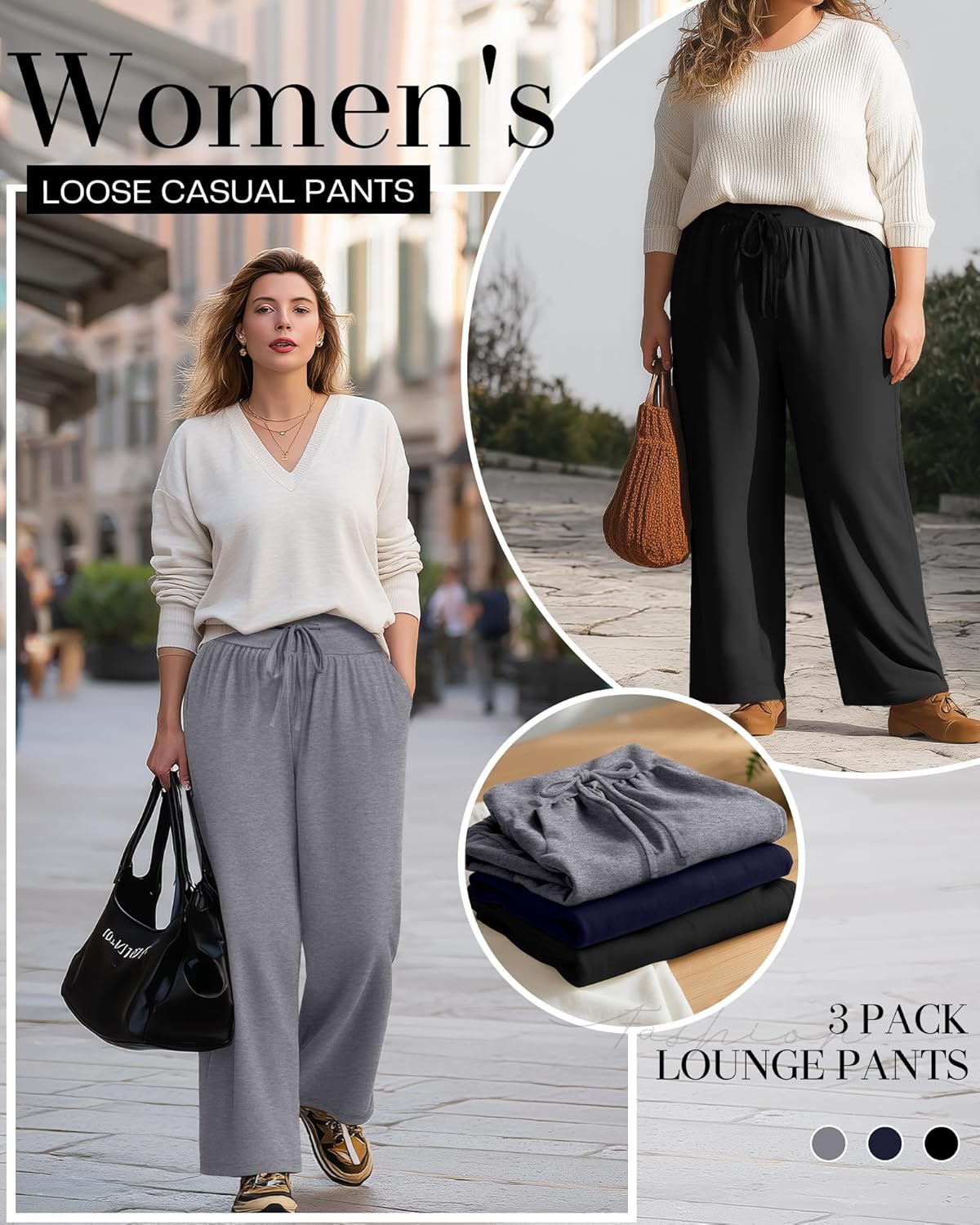 Neer 3 Pack Women's Plus Size Lounge Pants, Wide Leg Yoga Pants Baggy Drawstring Sweatpants with Pockets Casual Loose Jogger - Image 6