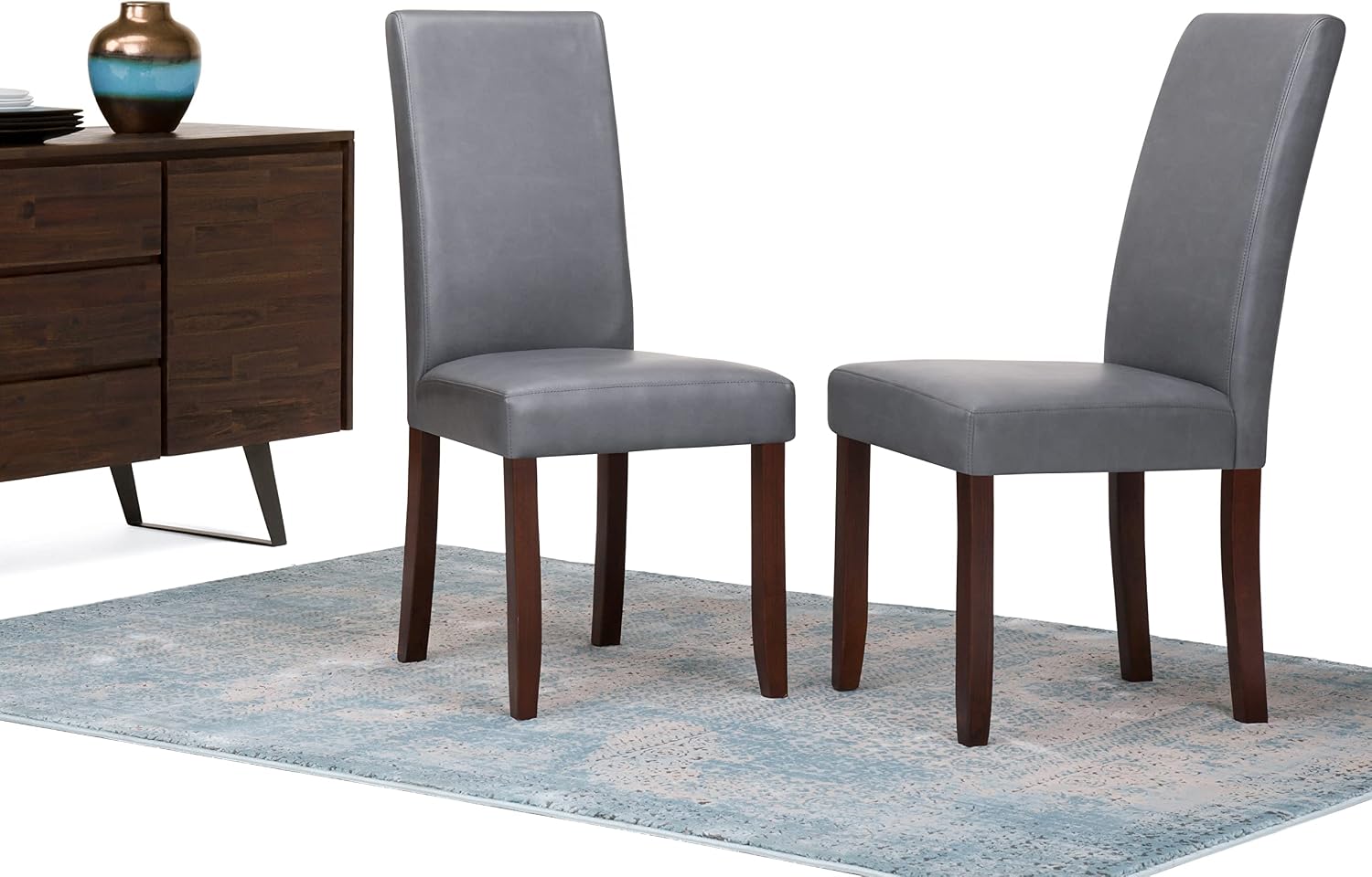 SIMPLIHOME Acadian Dining Chairs - Upholstered Solid Hardwood and Vegan Leather Parsons Chair Set in Stone Grey, Transitional Dining Room Seating with Cushioned Seat and Back (Set of 2)