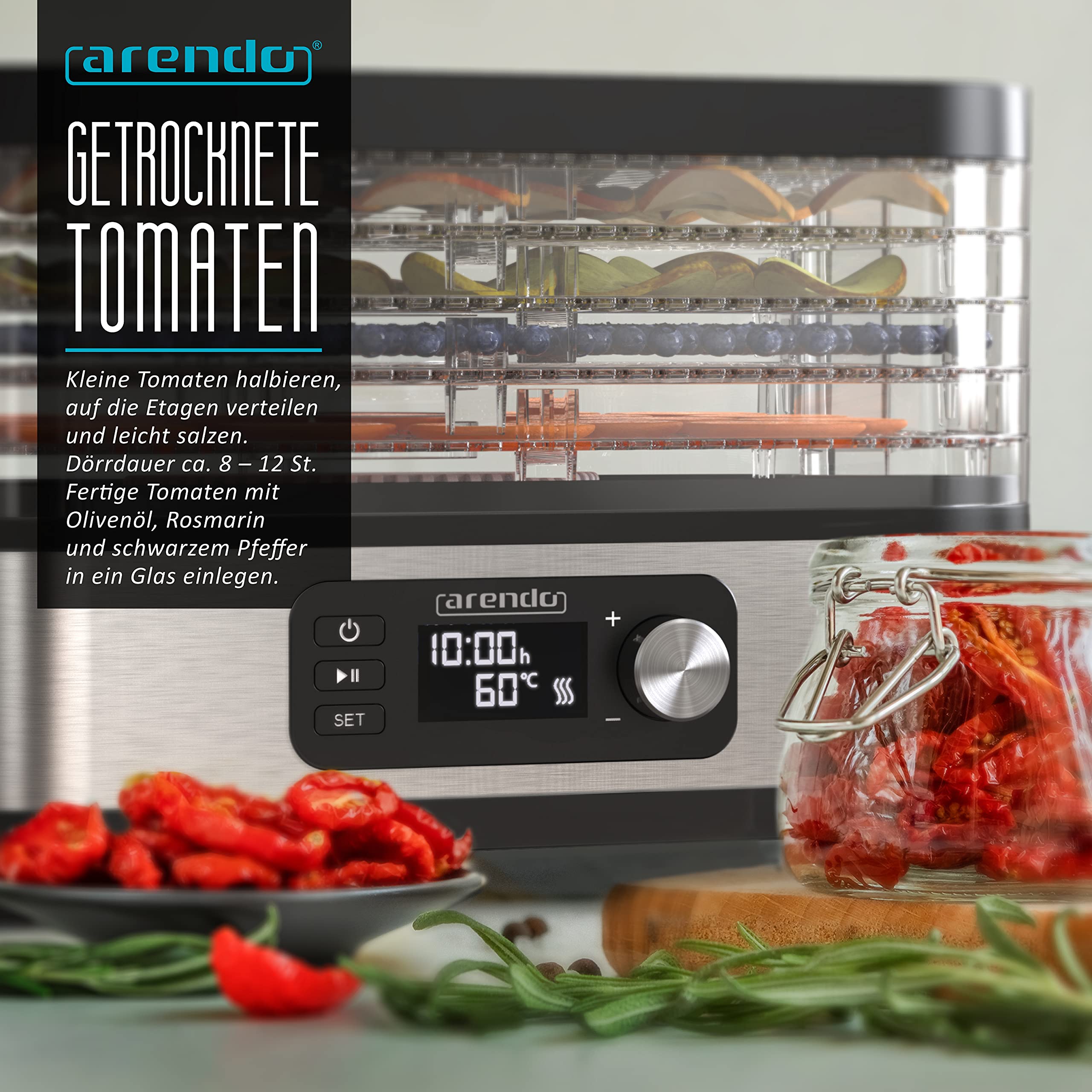 Arendo - Voedseldroger met temperatuurregelaar - Roestvrij staal dehydrator voor levensmiddelen vlees vruchten groenten - 260 W - Met timer tot 72 uur - 35-70 graden - 5 inlegvakken - GS - Dehydrator