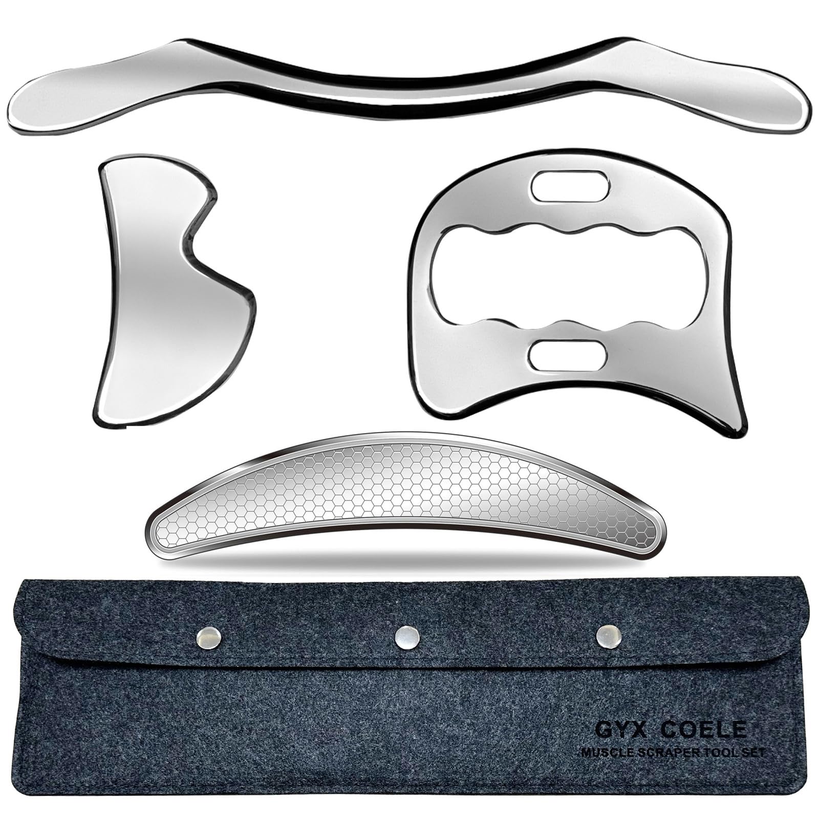 GYX COELE 4 in 1 Muscle Scraper Stainless Steel Gua Sha Massage Tool Set with Bag,IASTM Scraping Tools for Muscle Treatment