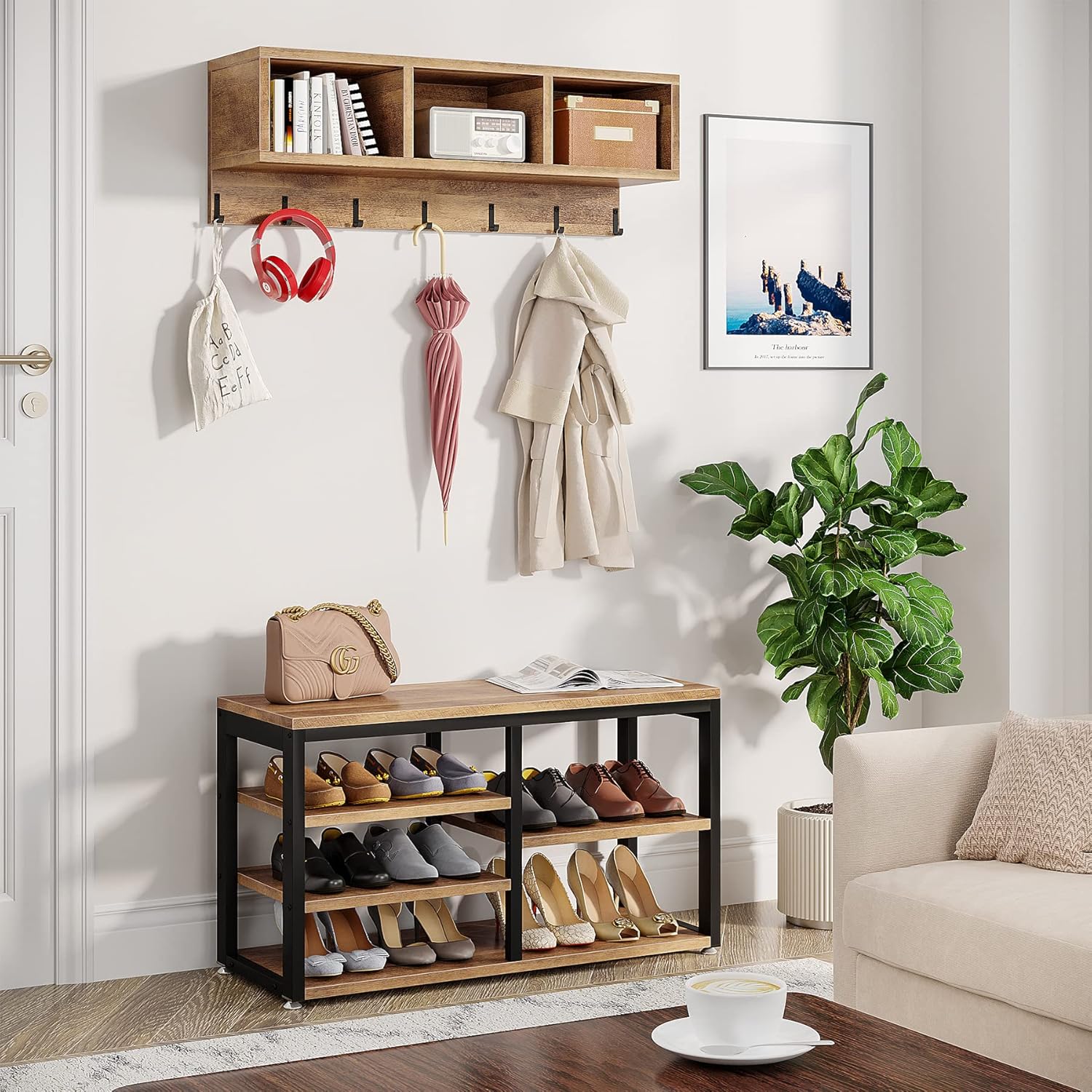 LITTLE TREE Coat Shoe Rack, Hall Tree Entryway Bench Set for Hallway, Living Room, Bedroom, Oak+Black