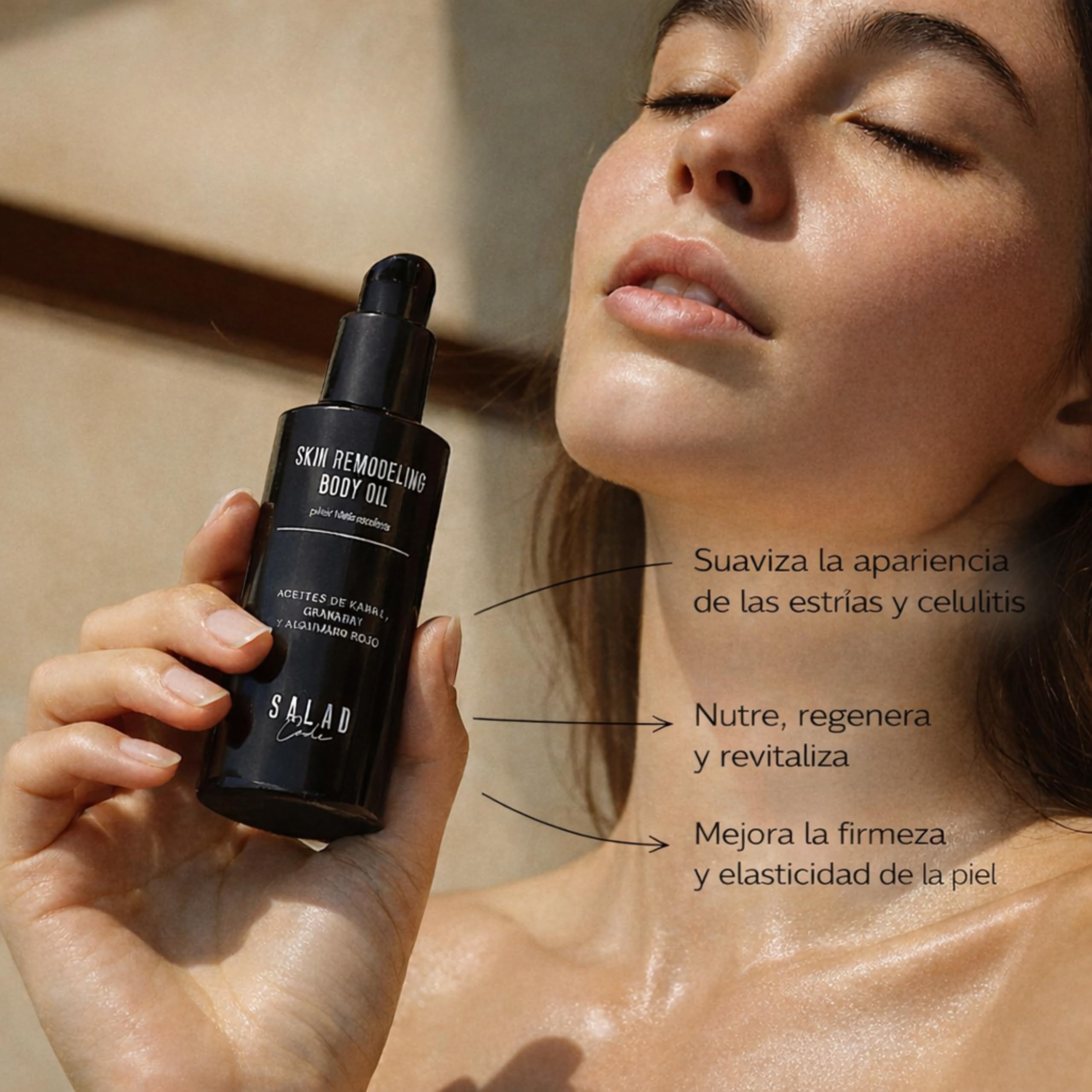 SALAD CODE Aceite Reafirmante Corporal para Flacidez – Antiestrías Embarazo – Mejora Firmeza y Elasticidad – Suaviza celulitis piernas y gluteos – Aceite Corporal +90% Ingredientes Naturales