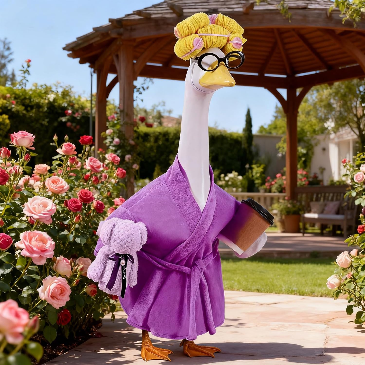 Lady Porch Goose Outfits,Bathrobe Porch Goose Statue Costume with Curlers Reading Glasses Coffee Cup Towel, Cute Goose Clothes for 23-Inch Cement Statue, Lawn Yard Garden Patio Decor(Dark Purple) image 2