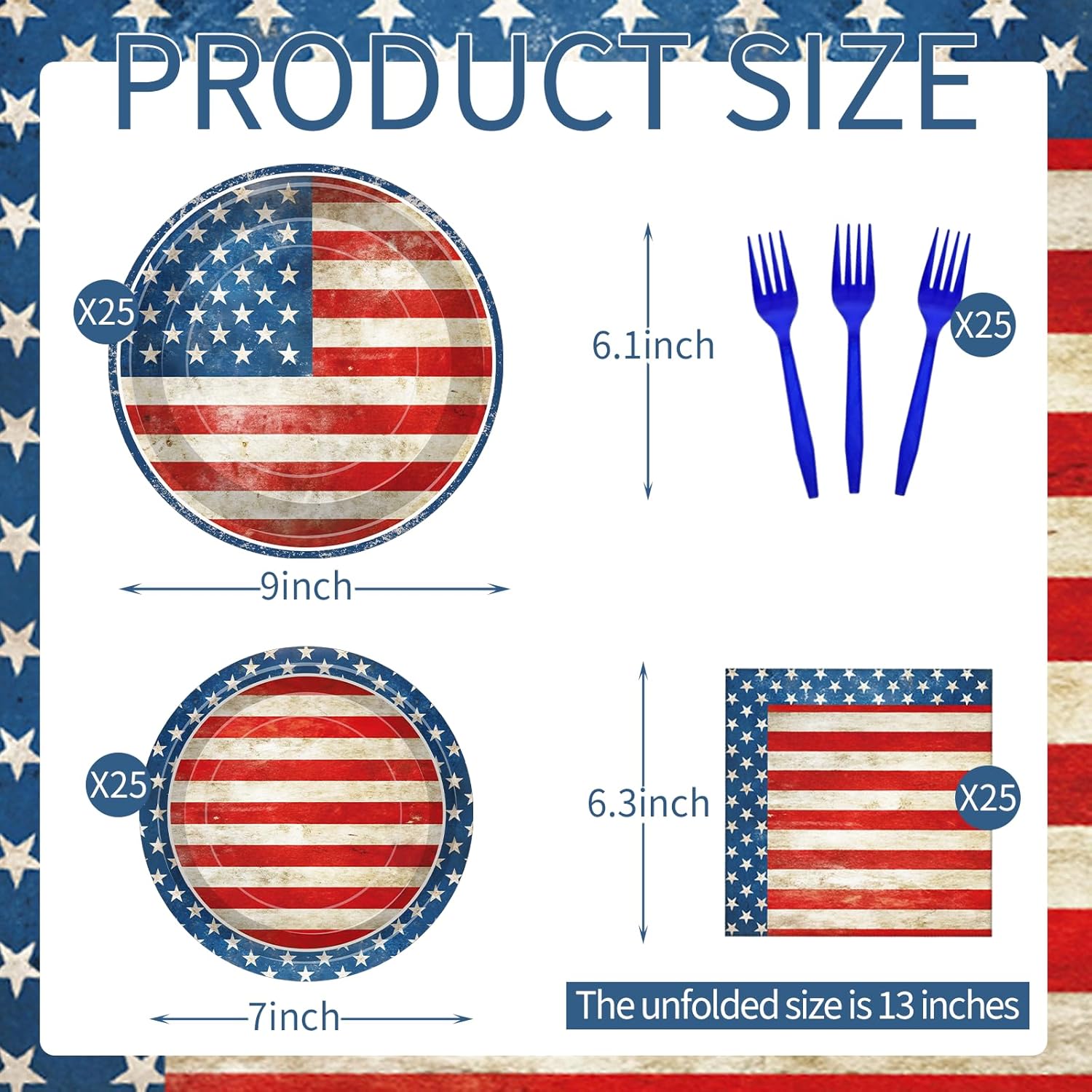 100 Pcs American Flag Party Supplies Set, Serves 25 – Disposable Patriotic Paper Plates, Napkins, and Forks, USA Flag-Themed Tableware for 4th of July, Memorial Day, Veterans Day, Independence Day BBQ