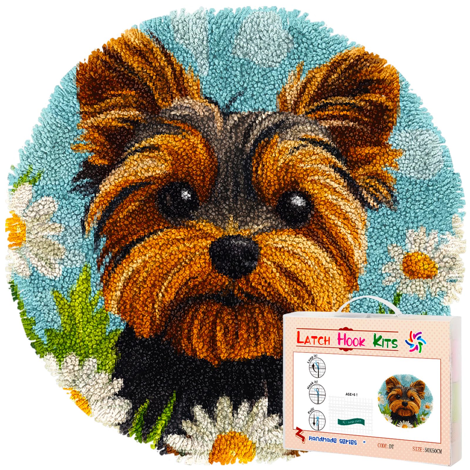 Latch Hook Round Rug Kit Yorkshire Terrier Dog in Daisy Stamped Handmade Round Shape Carpet Crochet Yarn Craft DIY Hook and Latch Door Mat Tapestry Christmas Home Floor Decor 20x20in-1