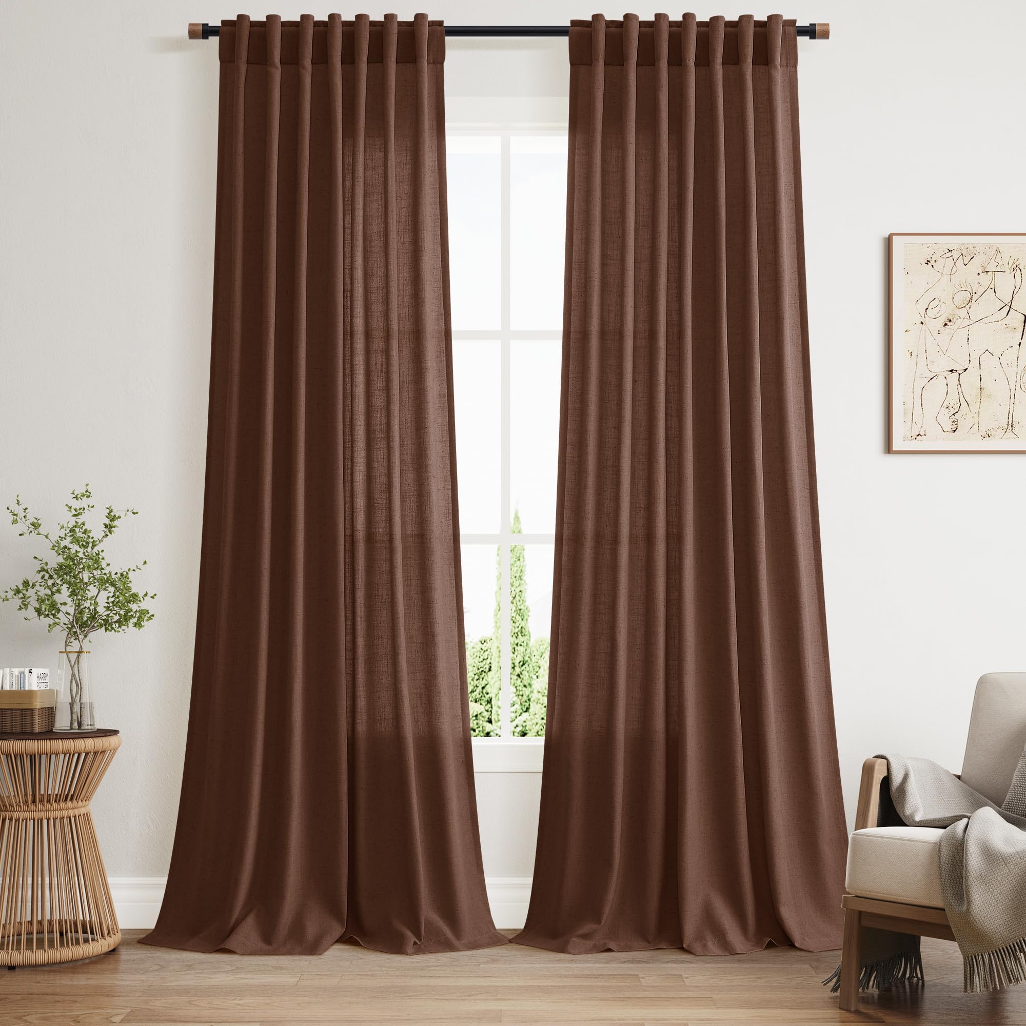 Photo 1 of Mocha Brown Linen Curtains 90 Inch Length 2 Panels for Living Room Back Tab Rod Pocket Window Drapes Light Filtering Modern Farmhouse Curtain 90 Inches Long for Dining Room Office 52x90