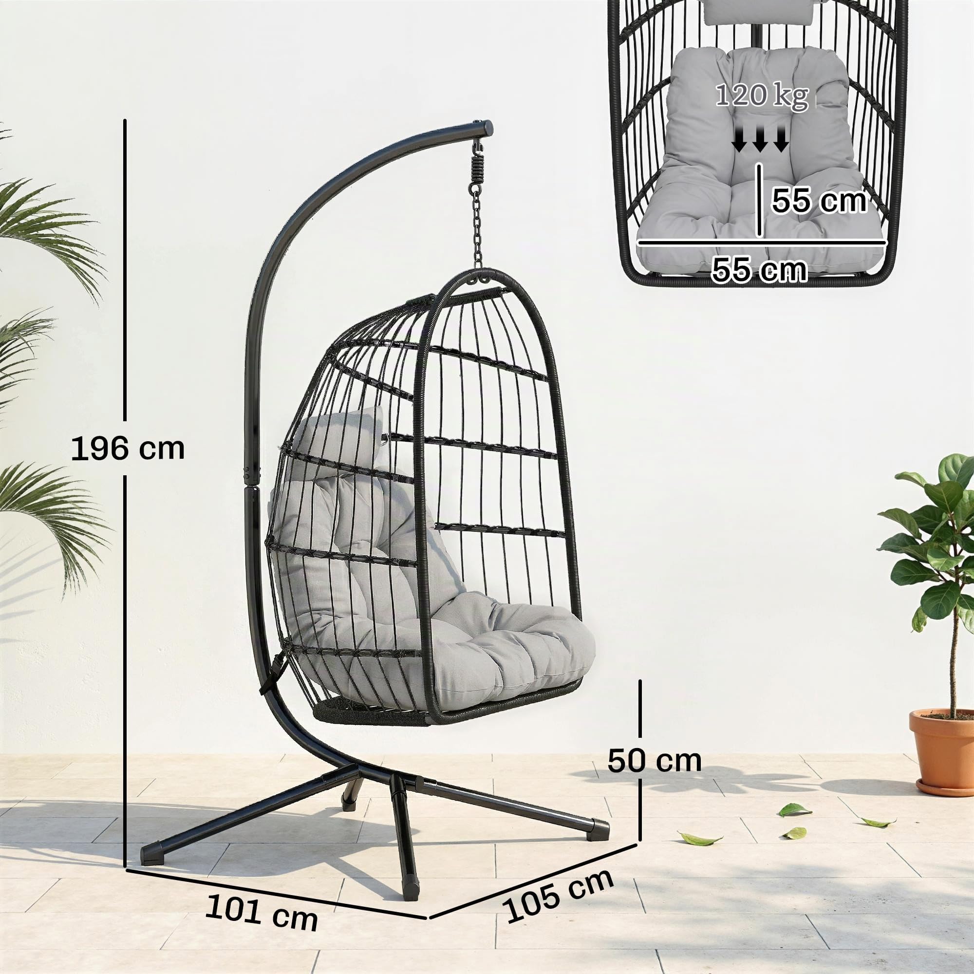 Outsunny Hängesessel mit Gestell faltbar Polyrattan Hängekorb mit Kissen | Sicherheitsgurt, Kopfstütze, Bänder, X-Bein, Höhenverstellbar, Hängeschaukel, Outdoor Hängestuhl für Balkon Terrasse