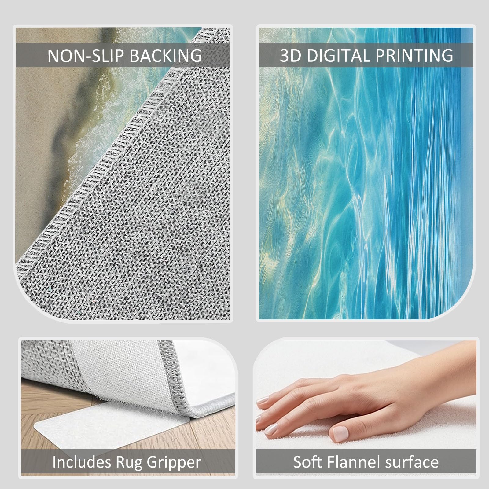 Tapis de Zone Océan Plage Lavable en Machine 80 x 150 cm, Tapis à Faible Poil Antidérapant avec Imprimé Côtier Réaliste Vagues - pour Salon Chambre à Coucher Entrée Bureau à Domicile, Bleu