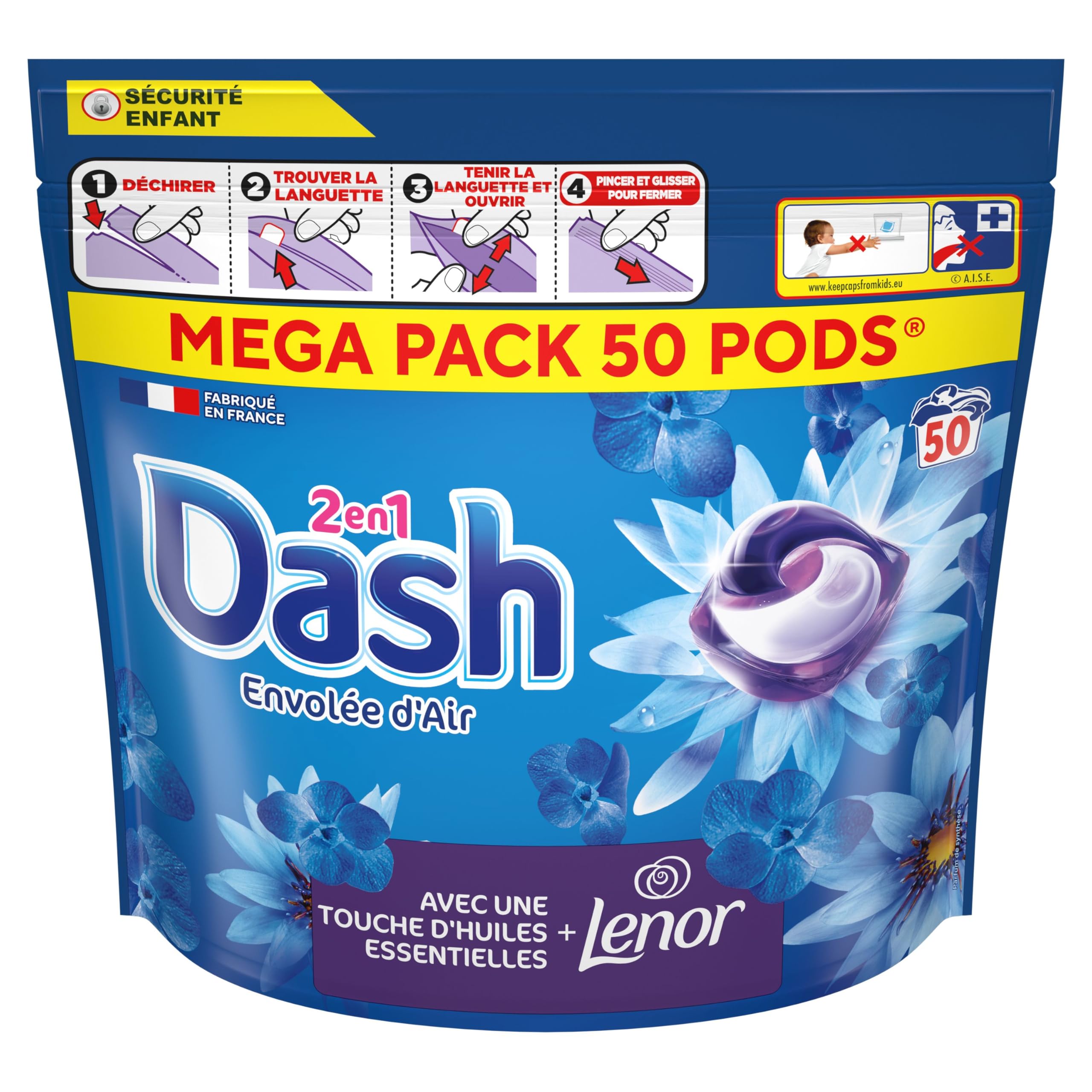 Dash 2-en-1 PODS Lessive Capsules, 50 Lavages, Envolée D’Air, Ultra Nettoyant Et Fraîcheur Longue Durée, Élimine Les Saletés et Taches Incrustées, Fabriqué en France