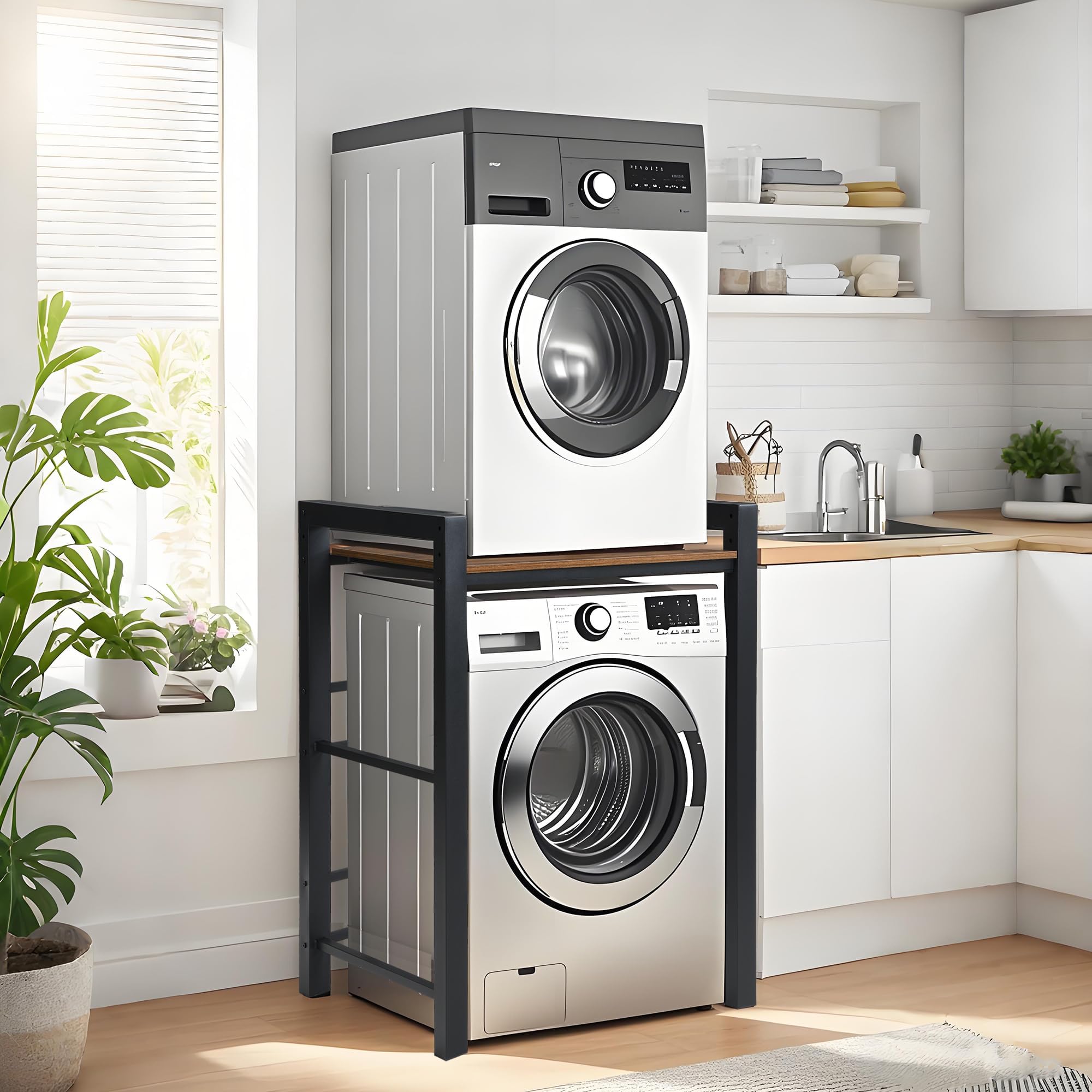 Washer Dryer Stacking Rack Stand, Heavy Duty Steel Standing Storage Shelf Washing Machine Shelf, Over The Washer and Dryer Shelves Space Saving, Load Capacity 300kg, for Bathroom Laundry Room (black)